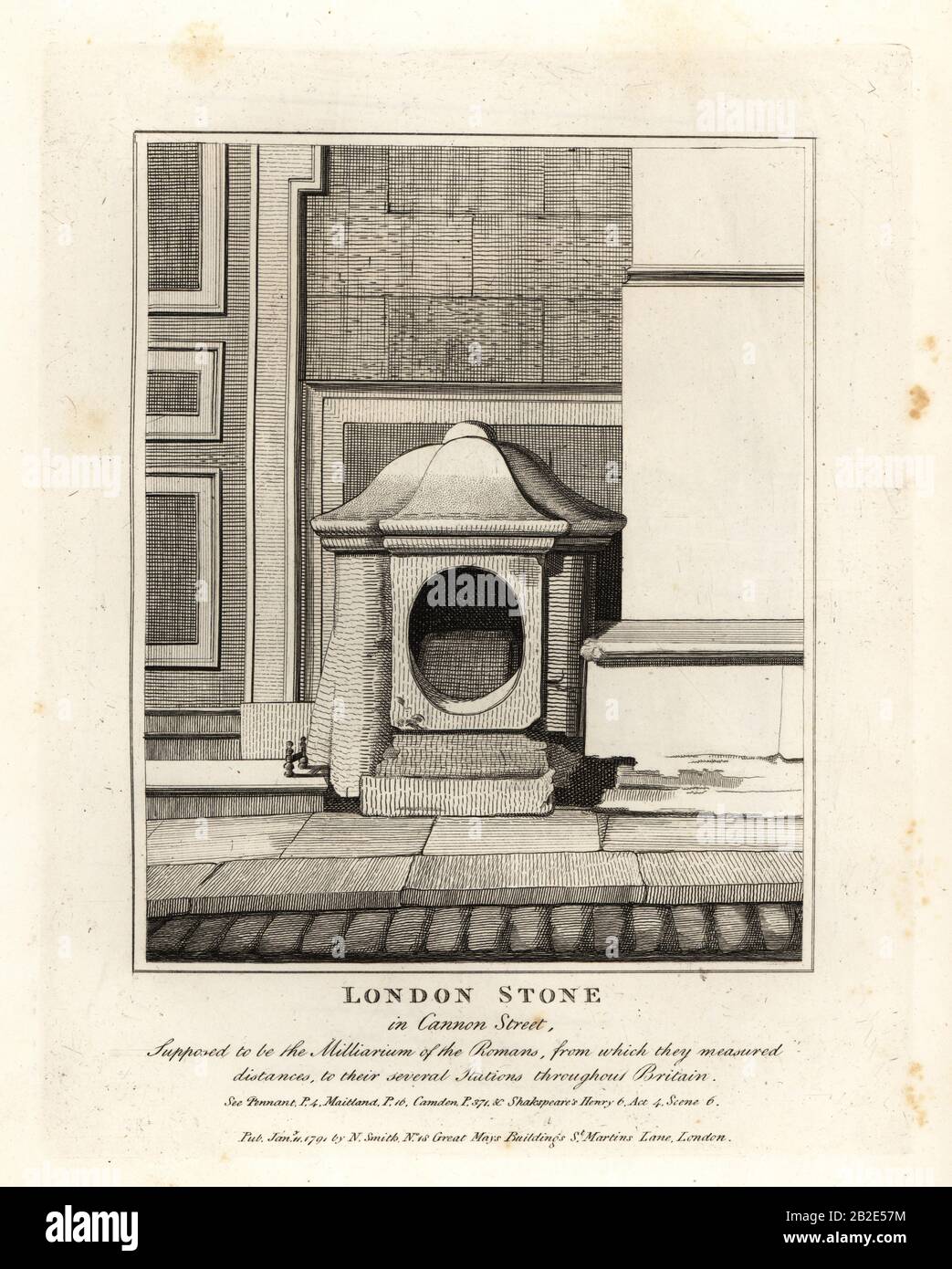 London Stone in Cannon Street, supposed to be the milestone or Milliarium of the Romans. Copperplate engraving by John Thomas Smith after original drawings by members of the Society of Antiquaries from his J.T. Smith’s Antiquities of London and its Environs, J. Sewell, R. Folder, J. Simco, London, 1791. Stock Photo