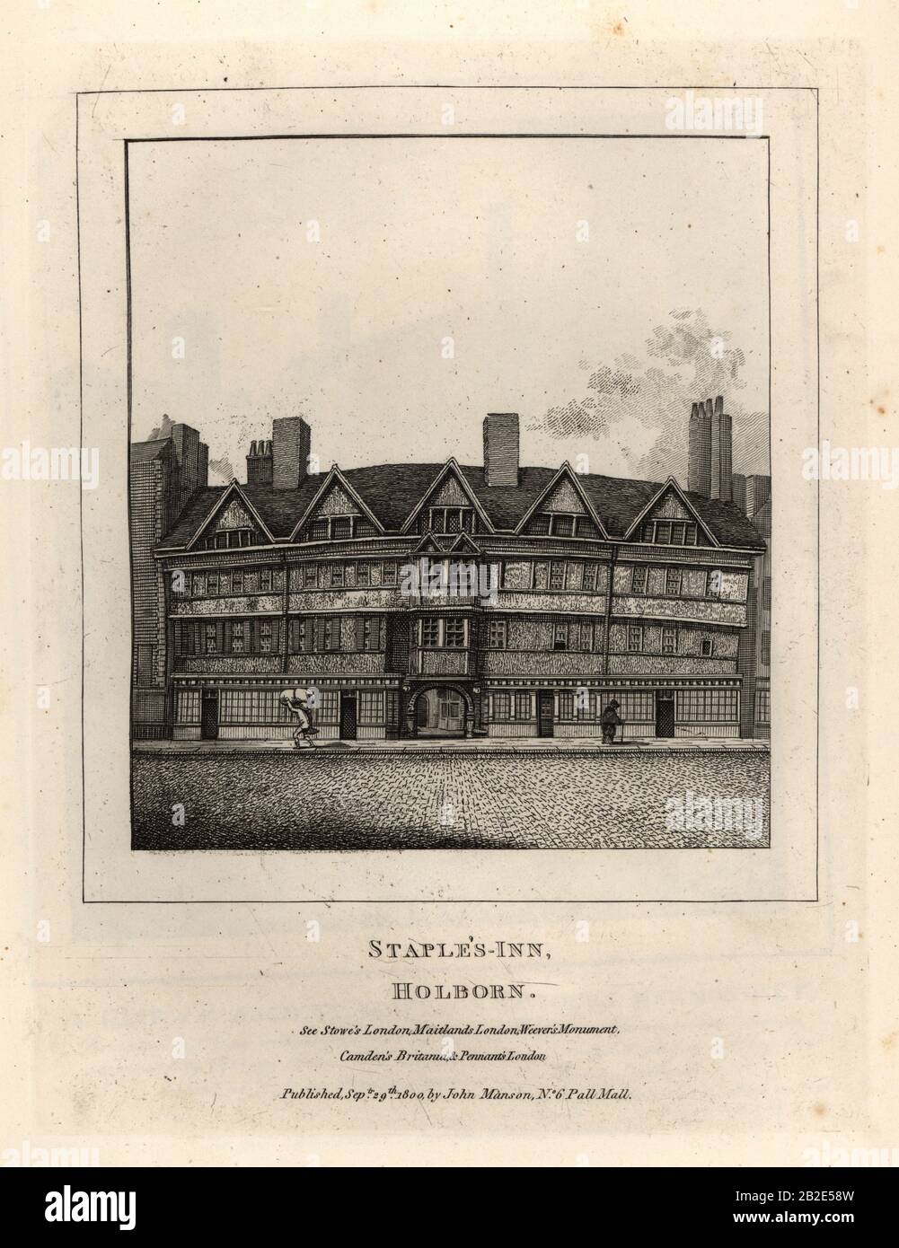 Staple’s Inn, Holborn. Tudor building originally attached to Gray’s Inn, one of four Inns of Court. Copperplate engraving by John Thomas Smith after original drawings by members of the Society of Antiquaries from his J.T. Smith’s Antiquities of London and its Environs, J. Sewell, R. Folder, J. Simco, London, 1800. Stock Photo