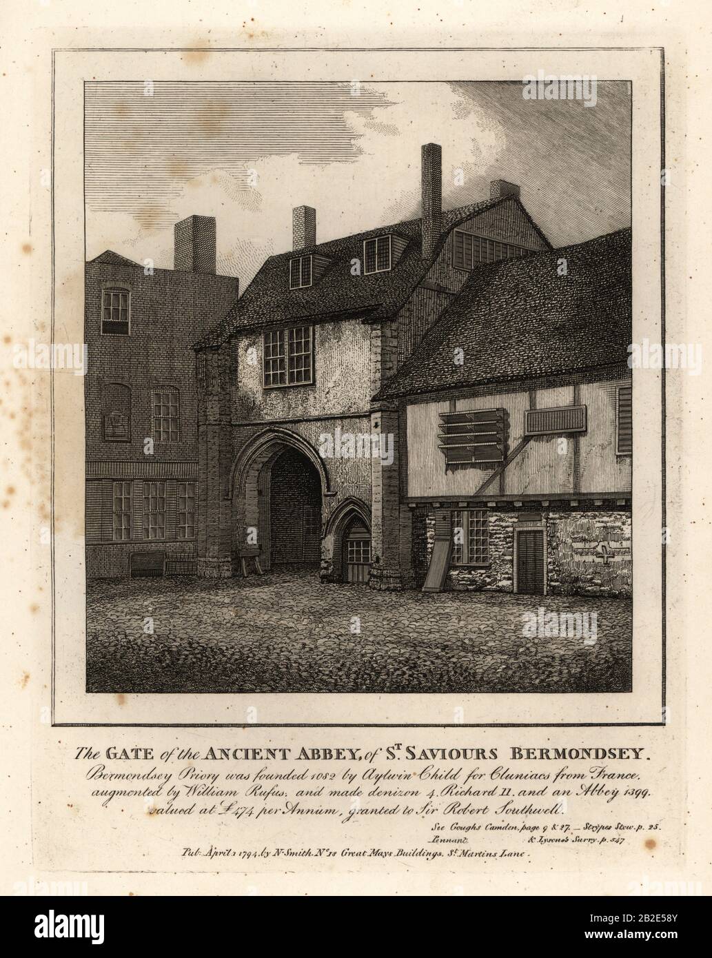 The Gate of the Ancient Abbey of St. Saviours Bermondsey. Founded 1082 by Aylwin Child for Cluniacs from France. Copperplate engraving by John Thomas Smith after original drawings by members of the Society of Antiquaries from his J.T. Smith’s Antiquities of London and its Environs, J. Sewell, R. Folder, J. Simco, London, 1794. Stock Photo