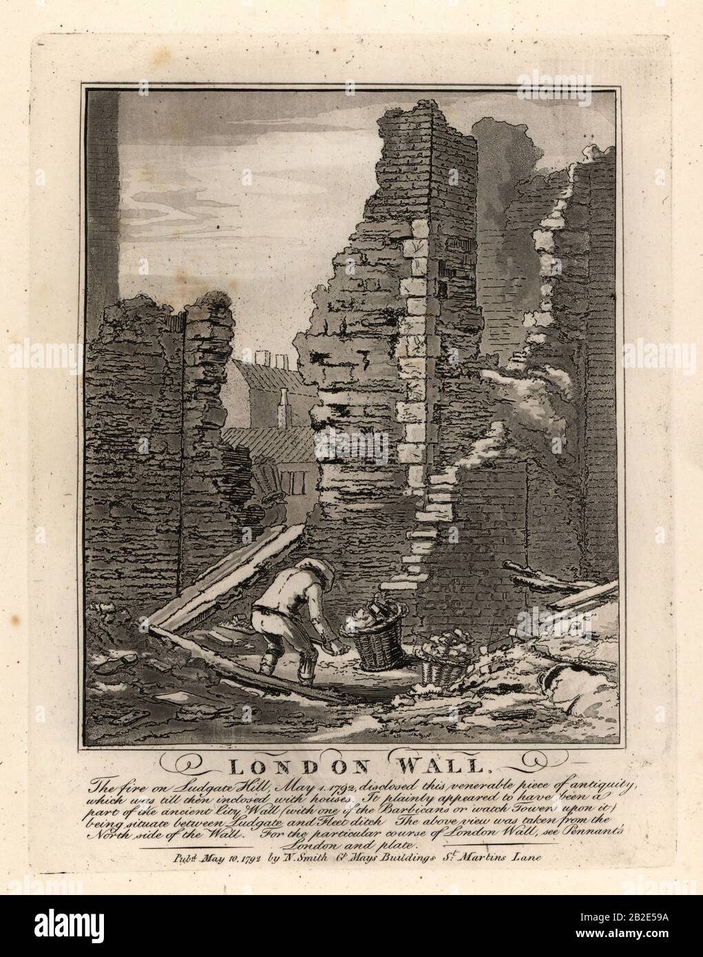 Ruins of the Roman London Wall exposed by the fire of May 1792 on Ludgate Hill. Copperplate engraving by John Thomas Smith after original drawings by members of the Society of Antiquaries from his J.T. Smith’s Antiquities of London and its Environs, J. Sewell, R. Folder, J. Simco, London, 1792. Stock Photo