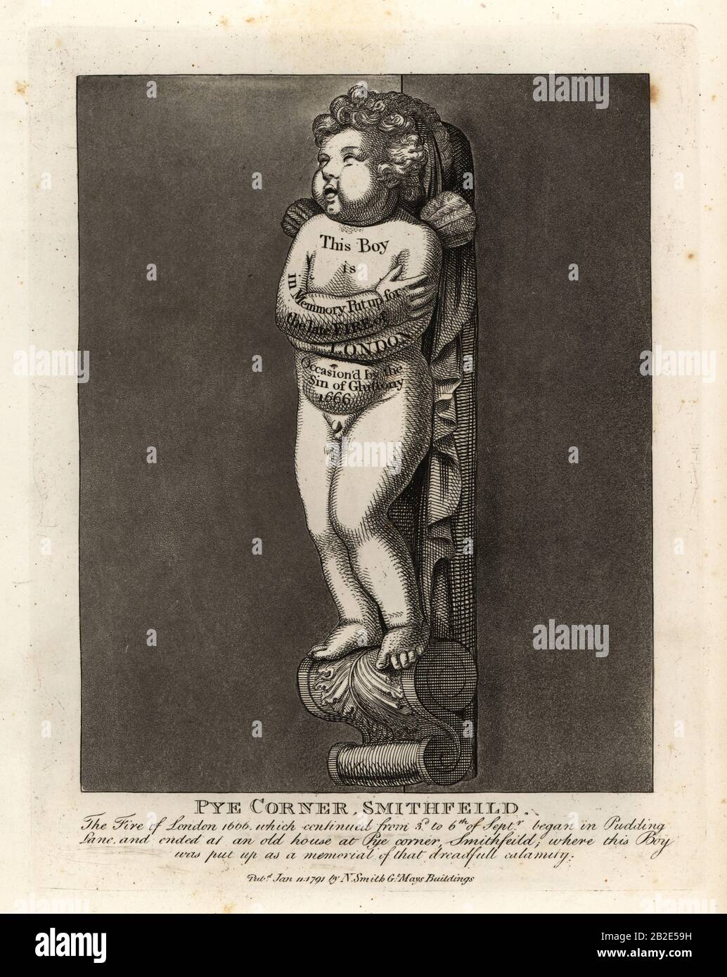 Monument of a boy on Pye Corner, Smithfield, to mark the Fire of London of 1666 in nearby Pudding Lane. This boy is in memory of the Late Fire of London, Occasion’d by the Sin and Gluttony 1666. Copperplate engraving by John Thomas Smith after original drawings by members of the Society of Antiquaries from his J.T. Smith’s Antiquities of London and its Environs, J. Sewell, R. Folder, J. Simco, London, 1791. Stock Photo