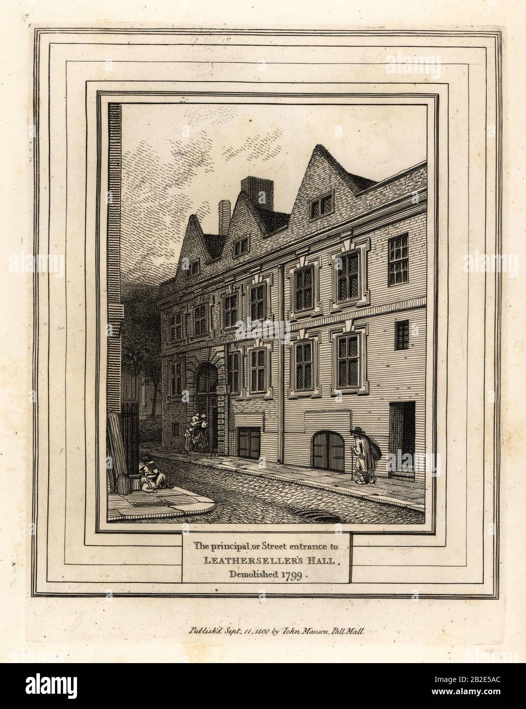 The principal or street entrance to Leathersellers Hall, demolished 1799. Copperplate engraving by John Thomas Smith after original drawings by members of the Society of Antiquaries from his J.T. Smith’s Antiquities of London and its Environs, J. Sewell, R. Folder, J. Simco, London, 1800. Stock Photo