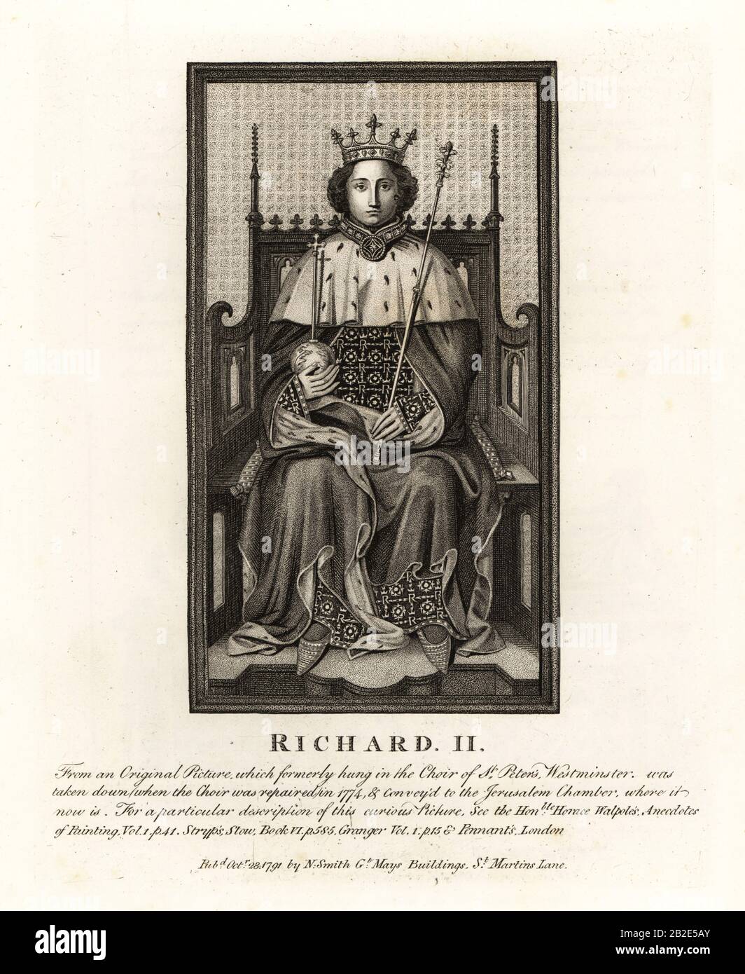 King Richard II of England, from an original picture hung in the Choir of St. Peter’s Westminster. Copperplate engraving by John Thomas Smith after original drawings by members of the Society of Antiquaries from his J.T. Smith’s Antiquities of London and its Environs, J. Sewell, R. Folder, J. Simco, London, 1791. Stock Photo