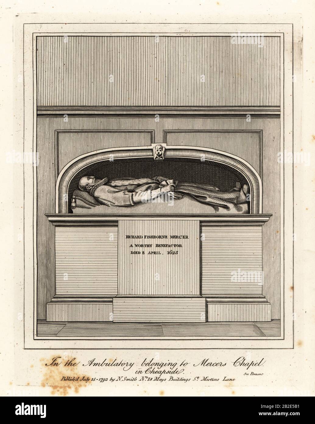 Monument to Richard Fishbourne Mercer, died 1625, in the Ambulatory in Mercers Chapel, Cheapside. Copperplate engraving by John Thomas Smith after original drawings by members of the Society of Antiquaries from his J.T. Smith’s Antiquities of London and its Environs, J. Sewell, R. Folder, J. Simco, London, 1793. Stock Photo