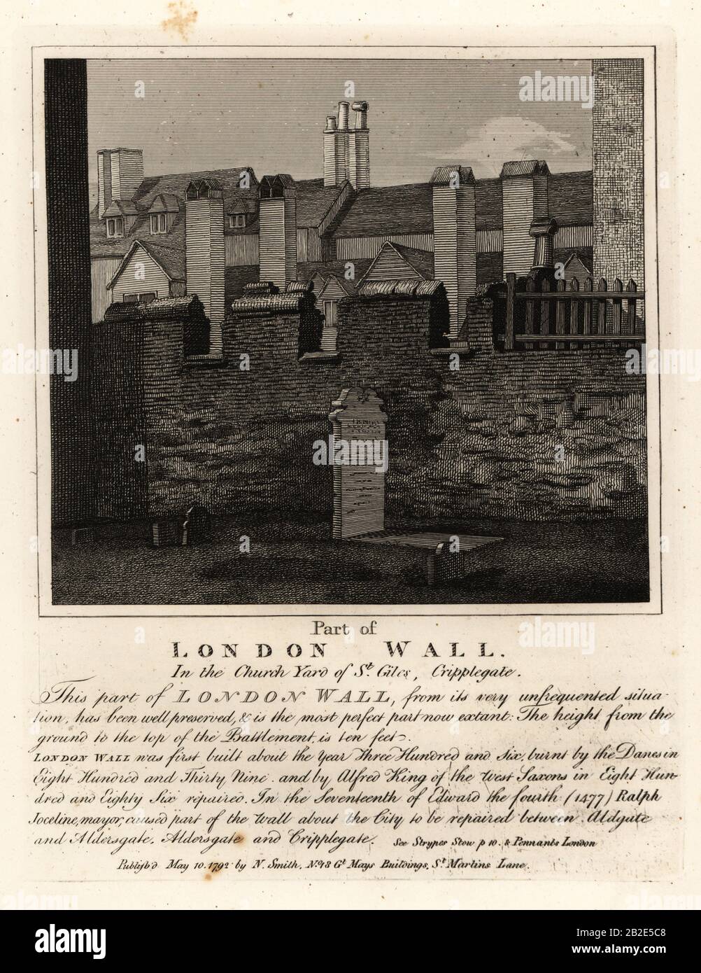 Part of the ancient London Wall in the churchyard of St. Giles, Cripplegate, London. Built in the third century, and repaired by London Mayor Ralph Joceline in 1477. Copperplate engraving by John Thomas Smith after original drawings by members of the Society of Antiquaries from his J.T. Smith’s Antiquities of London and its Environs, J. Sewell, R. Folder, J. Simco, London, 1792. Stock Photo