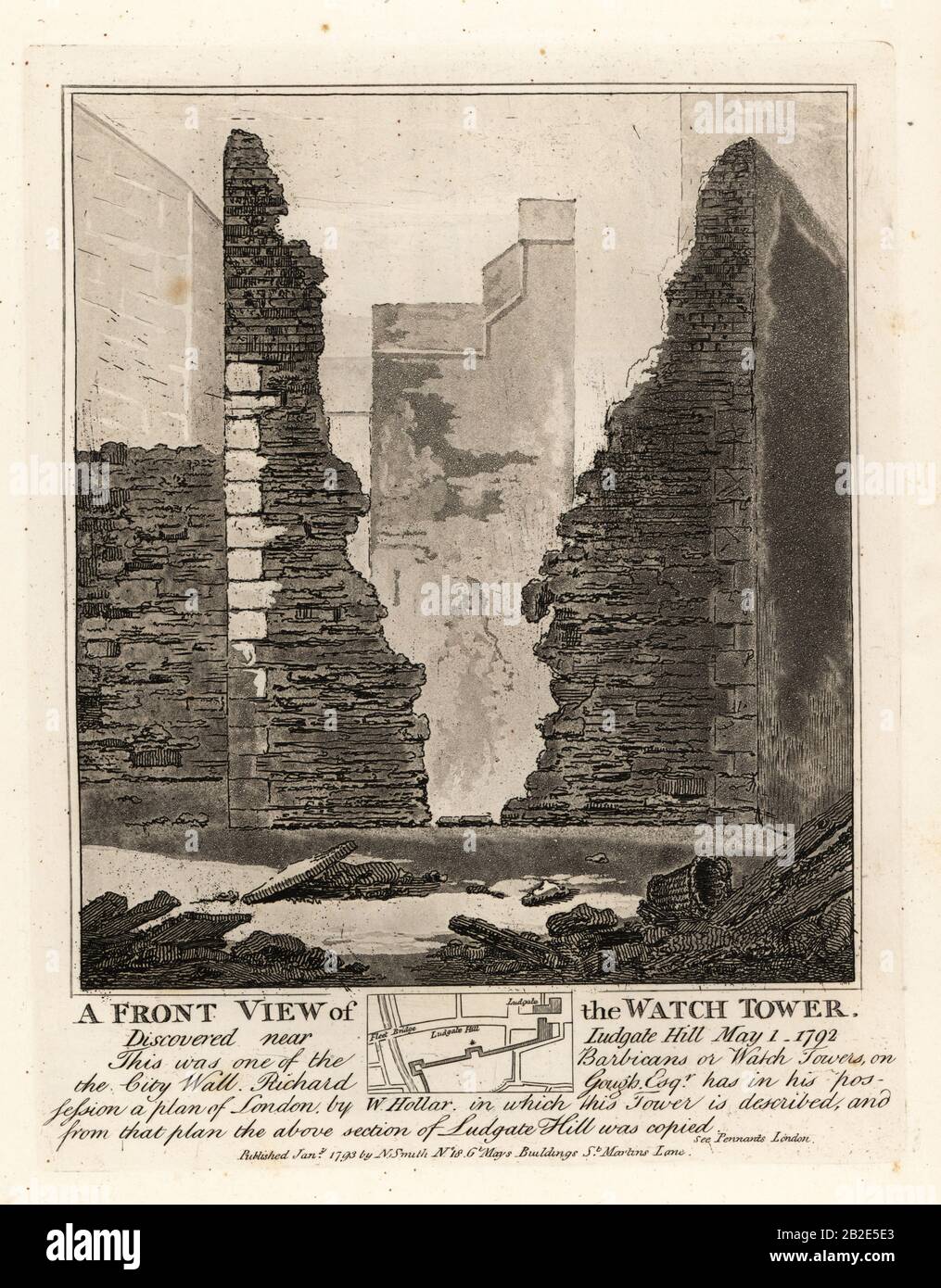 Front view of the Watch Tower or Barbican in the City Wall discovered near Ludgate Hill, May 1 1792. Copperplate engraving by John Thomas Smith after original drawings by members of the Society of Antiquaries from his J.T. Smith’s Antiquities of London and its Environs, J. Sewell, R. Folder, J. Simco, London, 1793. Stock Photo