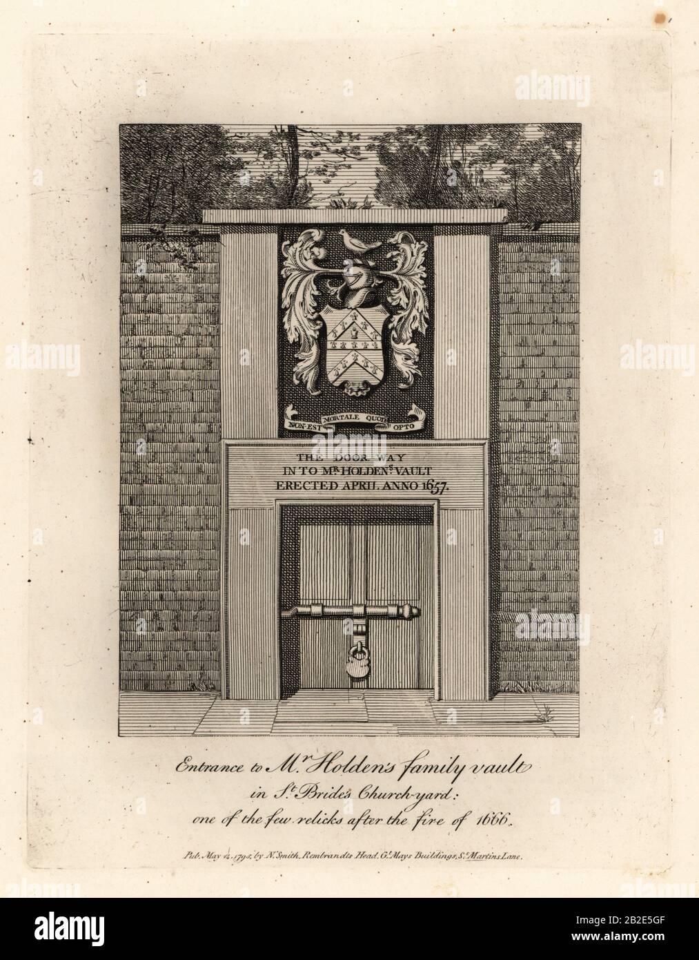 Entrance to Mr. Holden’s Family Vault in St. Bride’s churchyard, one of the few relics after the Fire of London 1666. Built in 1657 with coat of arms above the door. Copperplate engraving by John Thomas Smith after original drawings by members of the Society of Antiquaries from his J.T. Smith’s Antiquities of London and its Environs, J. Sewell, R. Folder, J. Simco, London, 1795. Stock Photo