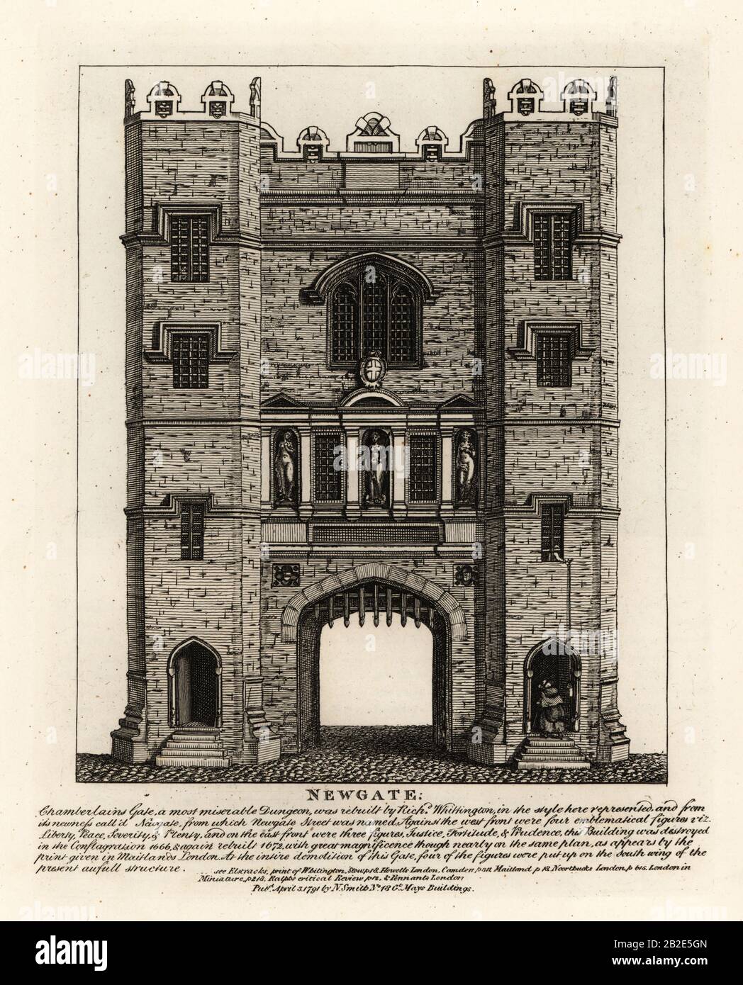 Newgate, rebuilt in 1672 after the Fire of London, with three figures Justice, Fortitude and Prudence from the former gate built by Mayor of London Richard Wittington. Copperplate engraving by John Thomas Smith after original drawings by members of the Society of Antiquaries from his J.T. Smith’s Antiquities of London and its Environs, J. Sewell, R. Folder, J. Simco, London, 1791. Stock Photo