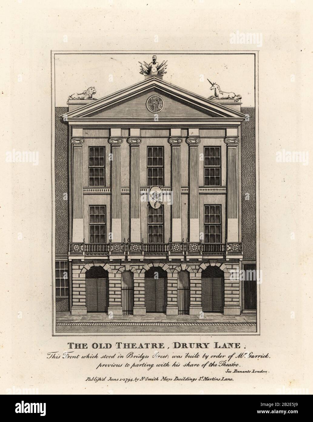 Front of the Old Theatre, Drury Lane, 1794. Facade built by the actor and manager David Garrick. Copperplate engraving by John Thomas Smith after original drawings by members of the Society of Antiquaries from his J.T. Smith’s Antiquities of London and its Environs, J. Sewell, R. Folder, J. Simco, London, 1794. Stock Photo