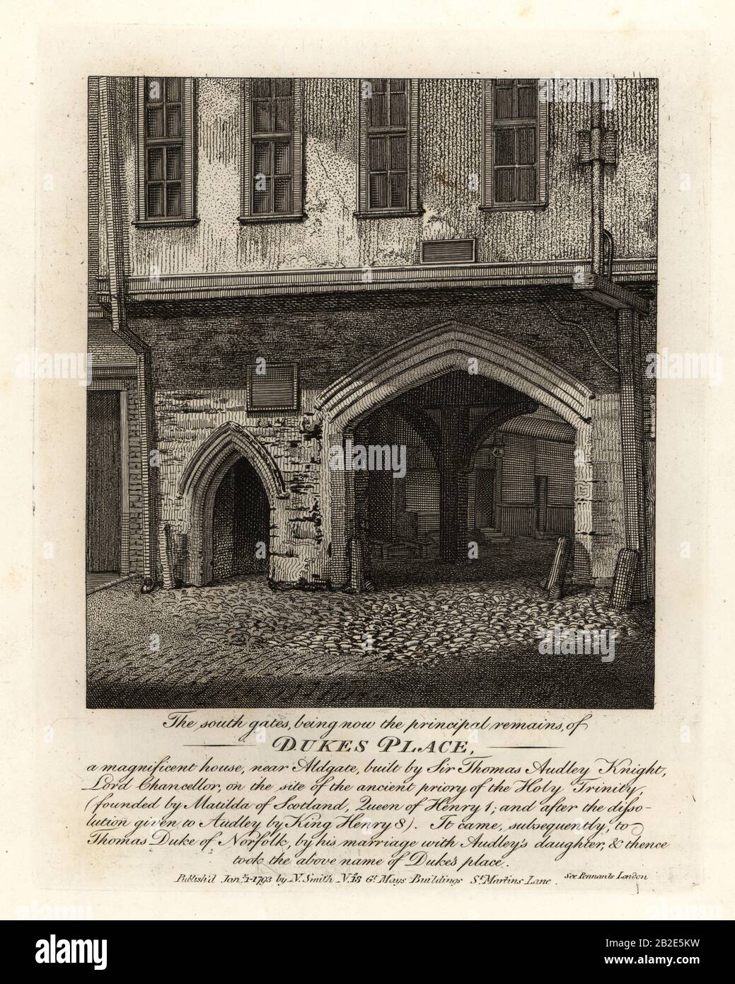 The ruins of the South Gates of Dukes Place, built by Sir Thomas Audley (1488-1544) near Aldgate. Copperplate engraving by John Thomas Smith after original drawings by members of the Society of Antiquaries from his J.T. Smith’s Antiquities of London and its Environs, J. Sewell, R. Folder, J. Simco, London, 1793. Stock Photo