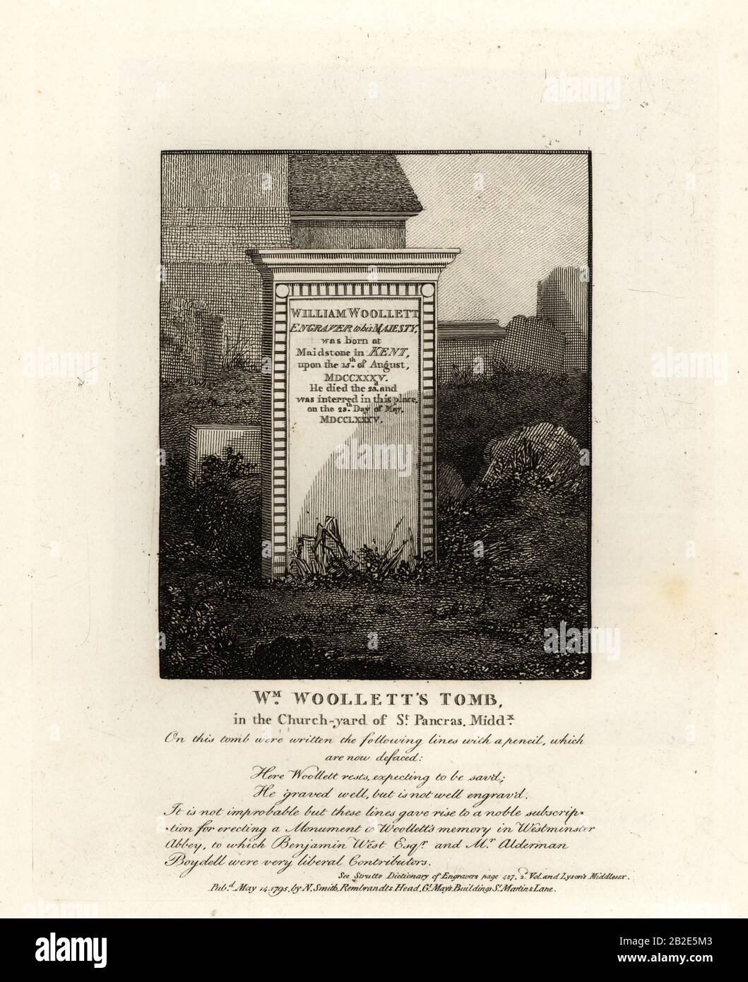Tomb of royal engraver William Woollett, died 1735, in the churchyard of St. Pancras, Middlesex. Copperplate engraving by John Thomas Smith after original drawings by members of the Society of Antiquaries from his J.T. Smith’s Antiquities of London and its Environs, J. Sewell, R. Folder, J. Simco, London, 1795. Stock Photo