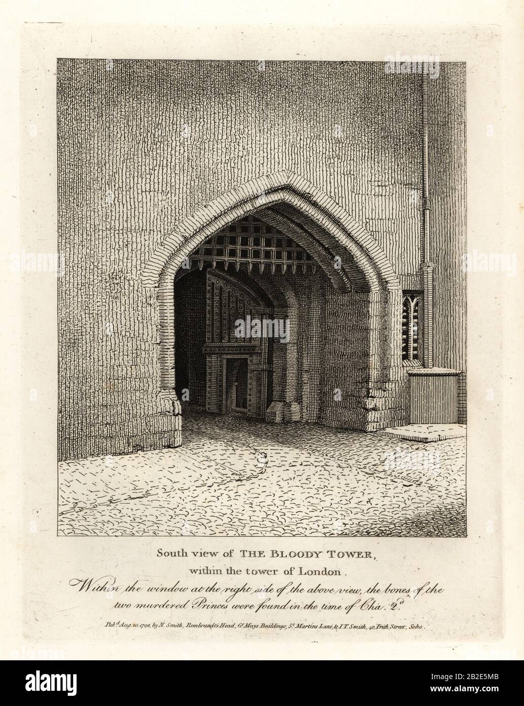 South view of the Bloody Tower within the Tower of London. Copperplate engraving by John Thomas Smith after original drawings by members of the Society of Antiquaries from his J.T. Smith’s Antiquities of London and its Environs, J. Sewell, R. Folder, J. Simco, London, 1798. Stock Photo