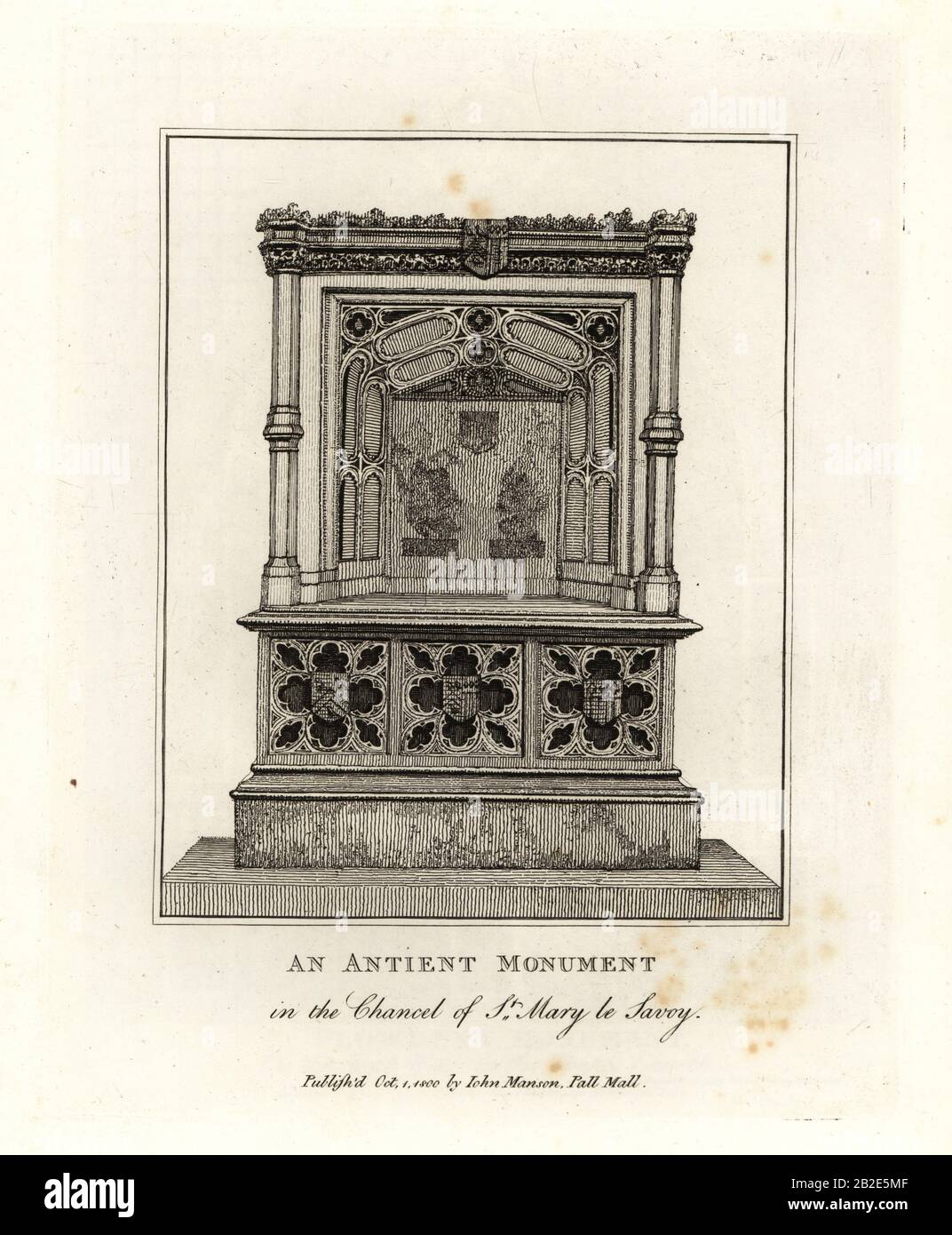 Ancient monument in the chancel of St. Mary le Savoy (now the Savoy Chapel). Copperplate engraving by John Thomas Smith after original drawings by members of the Society of Antiquaries from his J.T. Smith’s Antiquities of London and its Environs, J. Sewell, R. Folder, J. Simco, London, 1800. Stock Photo