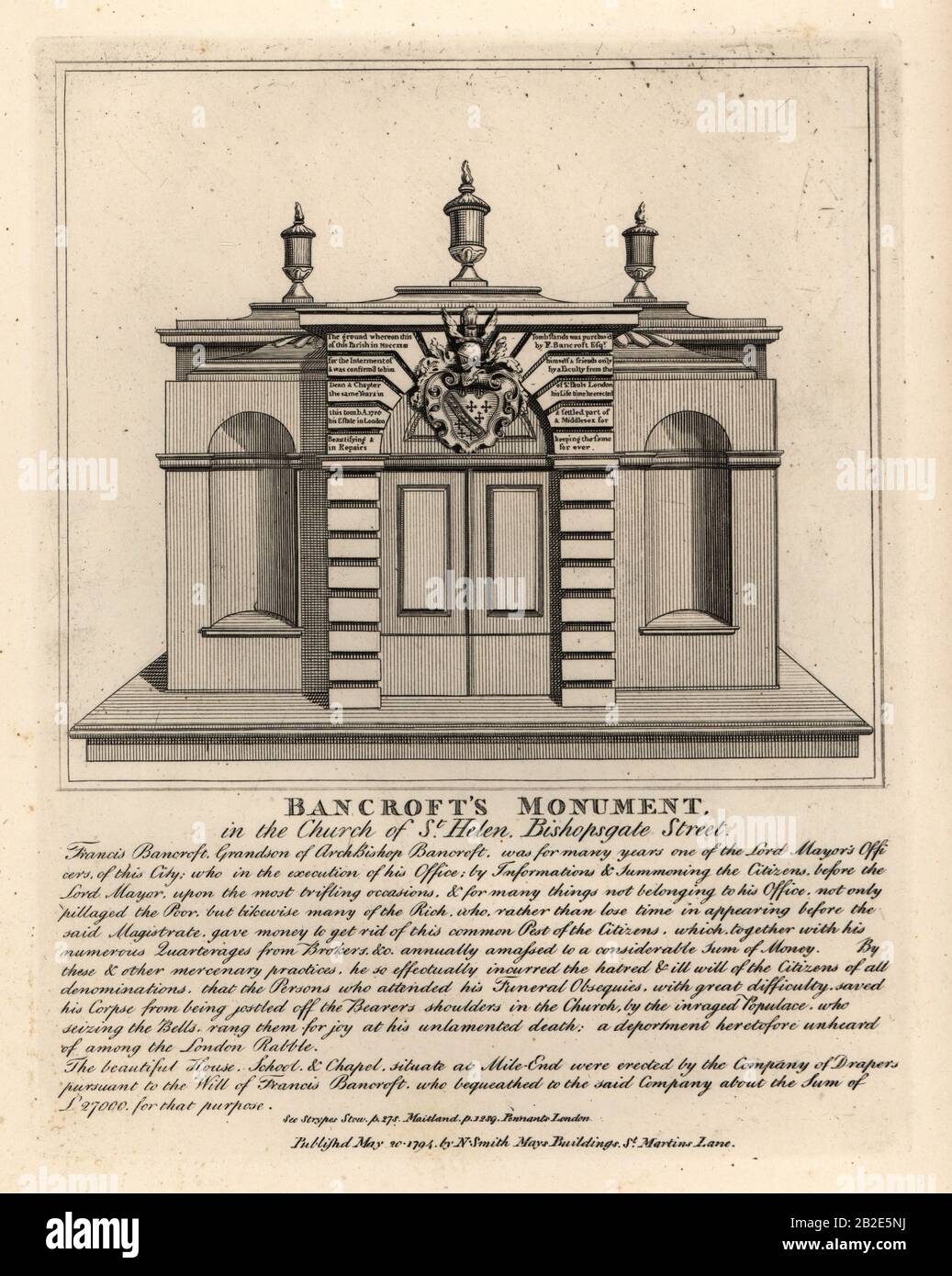 Monument of Thomas Bancroft, Lord Mayor’s Officer, in the church of St. Helen, Bishopsgate Street. Copperplate engraving by John Thomas Smith after original drawings by members of the Society of Antiquaries from his J.T. Smith’s Antiquities of London and its Environs, J. Sewell, R. Folder, J. Simco, London, 1794. Stock Photo