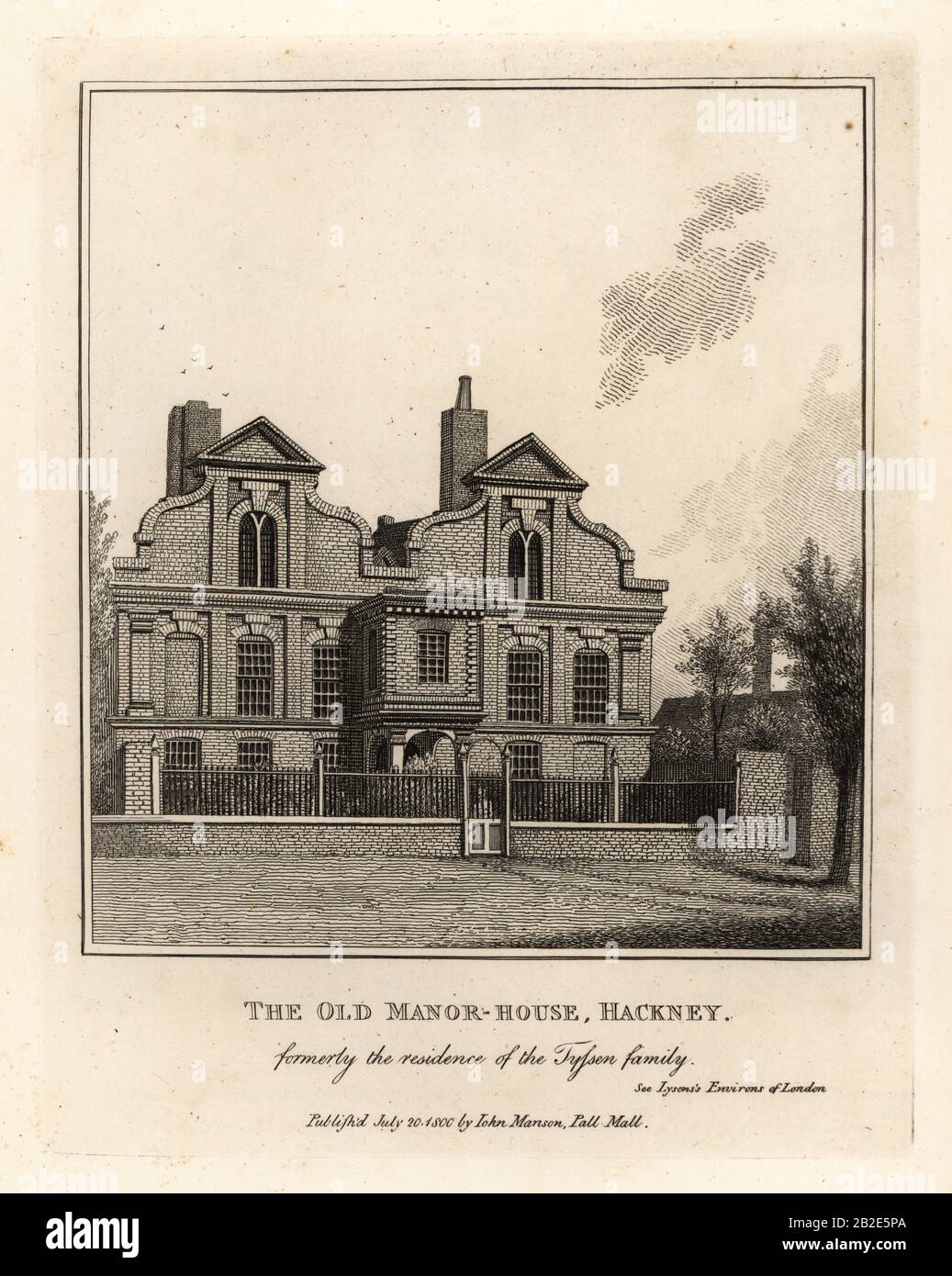 The Old Manor House, Hackney, formerly the residence of the Tyssen family. Copperplate engraving by John Thomas Smith after original drawings by members of the Society of Antiquaries from his J.T. Smith’s Antiquities of London and its Environs, J. Sewell, R. Folder, J. Simco, London, 1800. Stock Photo