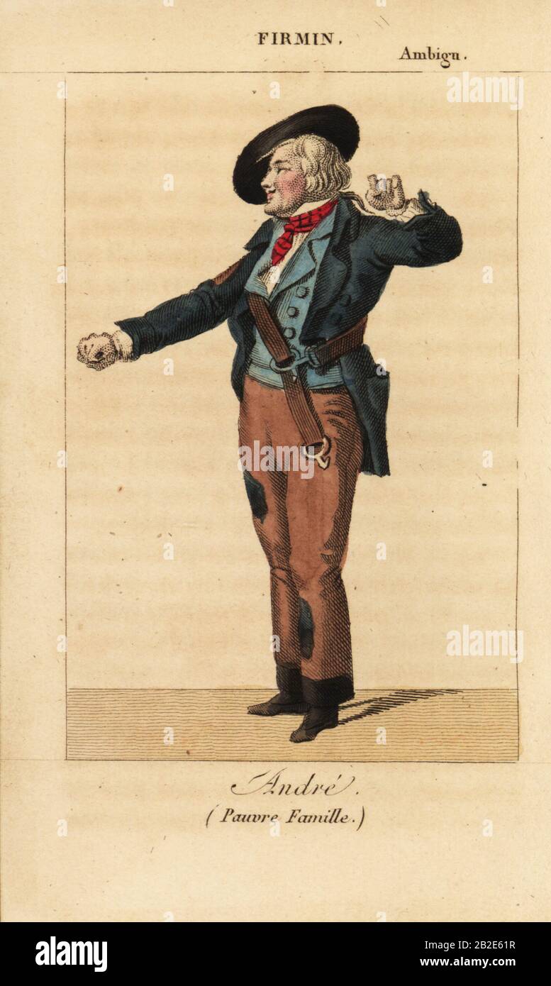 Jean-Baptiste Firmin as Andre in the melodrama Pauvre Famille by Benjamin and Melchior at the Theatre de l’Ambigu Comique, 1822. Handcoloured copperplate engraving from Charles Malo's Almanach des Spectacles par K.Y.Z, Chez Janet, Paris, 1823. Stock Photo