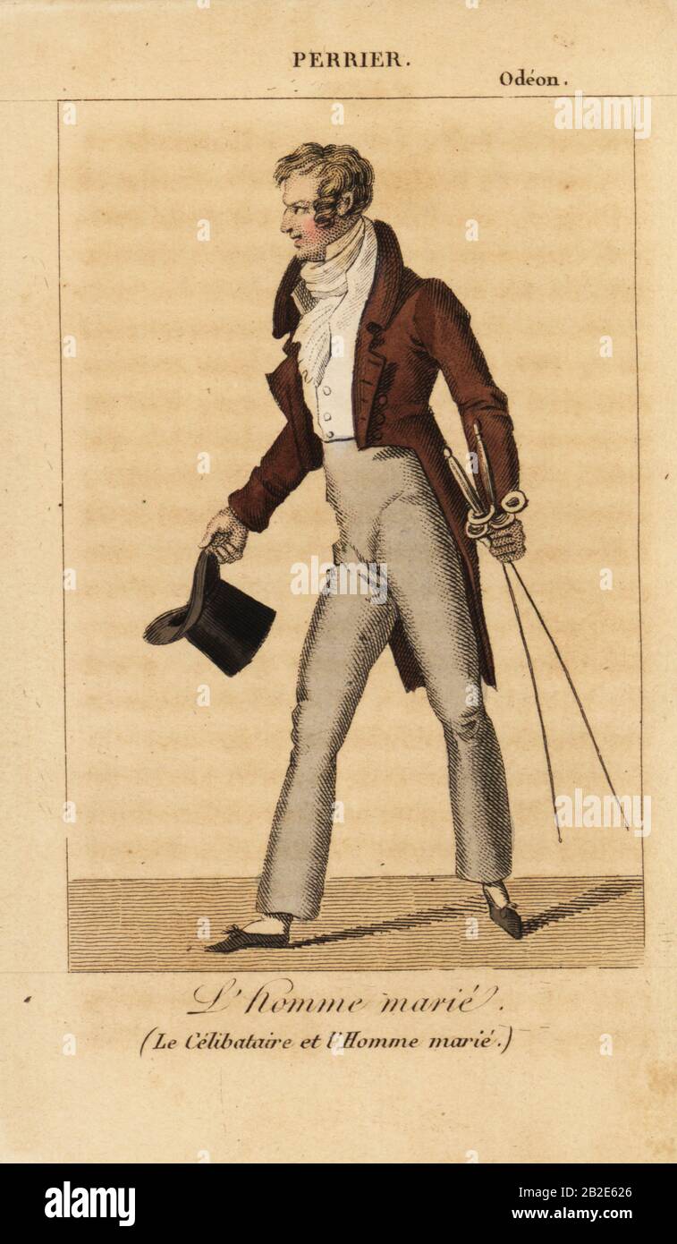 Perrier as Dupont, L’Homme marie, in Le Celibataire et l’Homme marie by Alexis-Jacques-Marie Wafflard at the Odeon, 1822. Handcoloured copperplate engraving from Charles Malo's Almanach des Spectacles par K.Y.Z, Chez Janet, Paris, 1823. Stock Photo