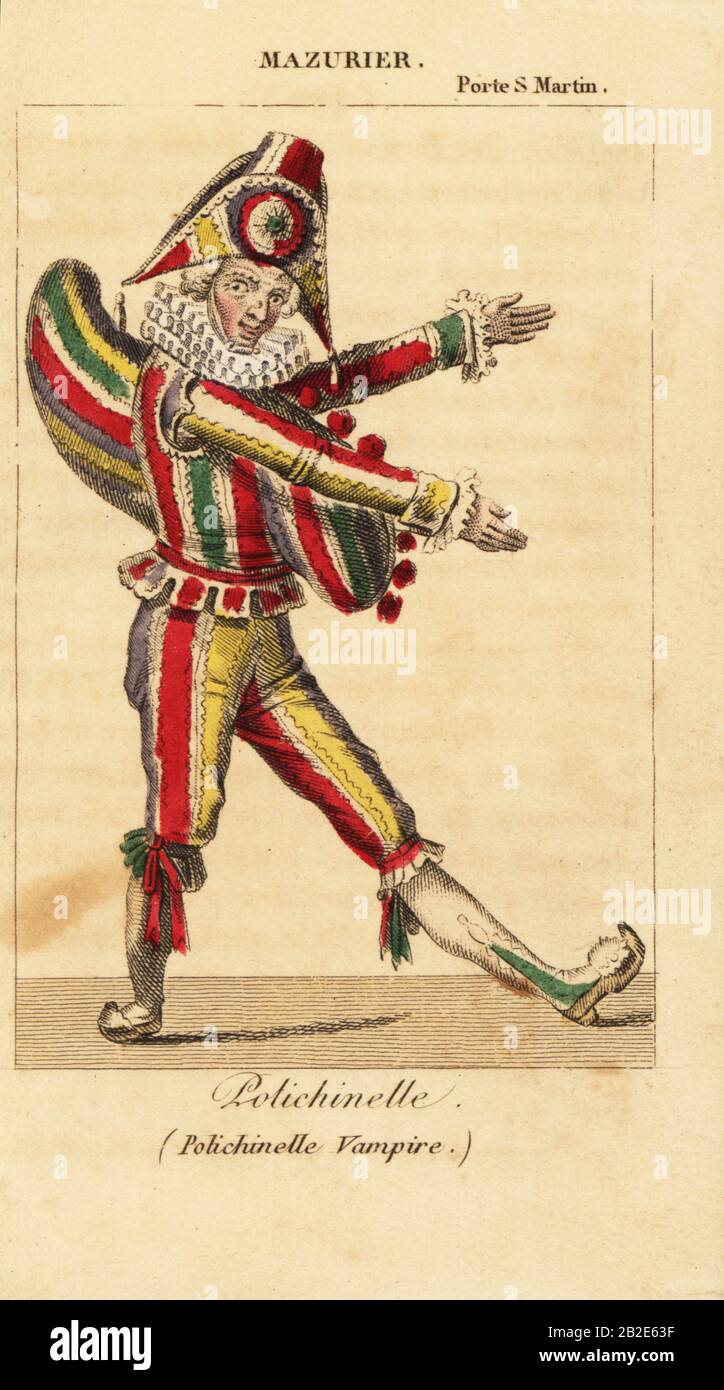 French comic dancer and mime artist Charles-Francois Mazurier as Polichinello in Polichinelle Vampire by Theodore de Banville at the Theatre de la Porte Saint-Martin, 1823. His famous stilt dance was choreographed by Jean-Baptiste Blache. Handcoloured copperplate engraving from Charles Malo's Almanach des Spectacles par K.Y.Z, Chez Janet, Paris, 1823. Stock Photo