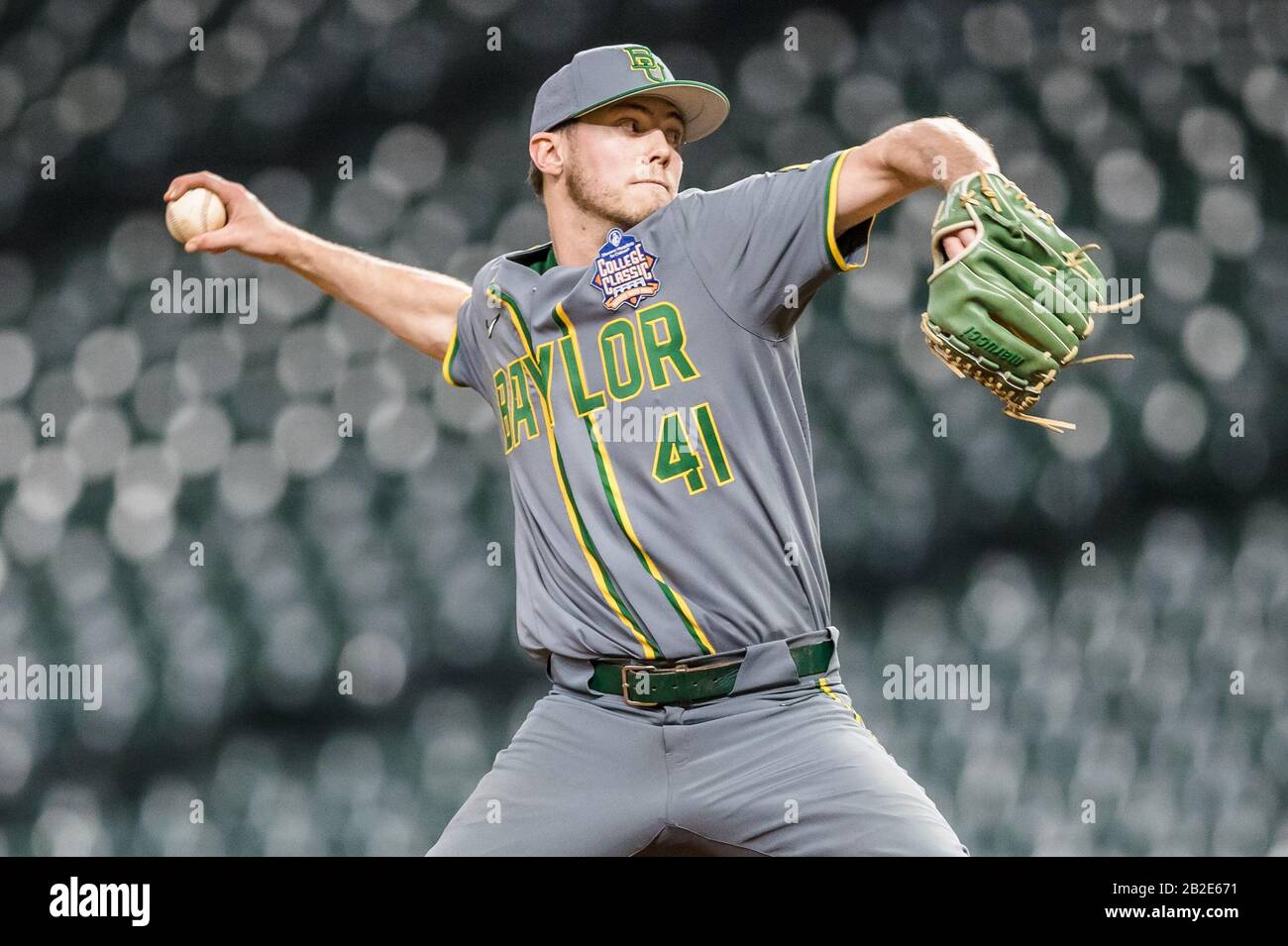 Houston, Texas, USA. 1st Mar, 2020. Baylor Bears pitcher Luke Boyd (41)  throws a pitch in the 2020 Shriners Hospitals for Children College Classic  baseball game between the Baylor Bears and the