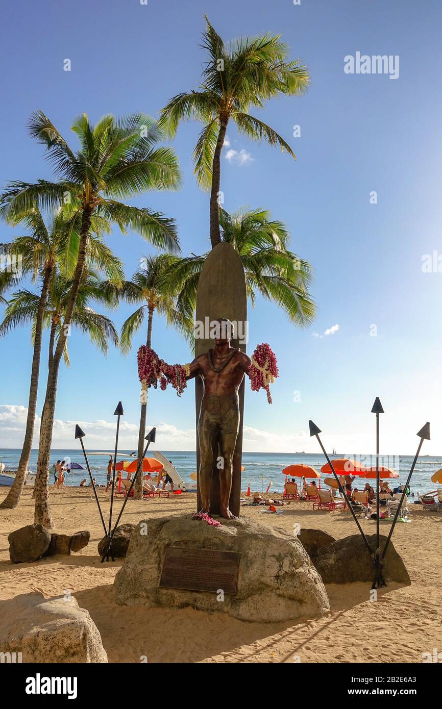 The Big Kahuna statue on Waikiki Beach Stock Photo