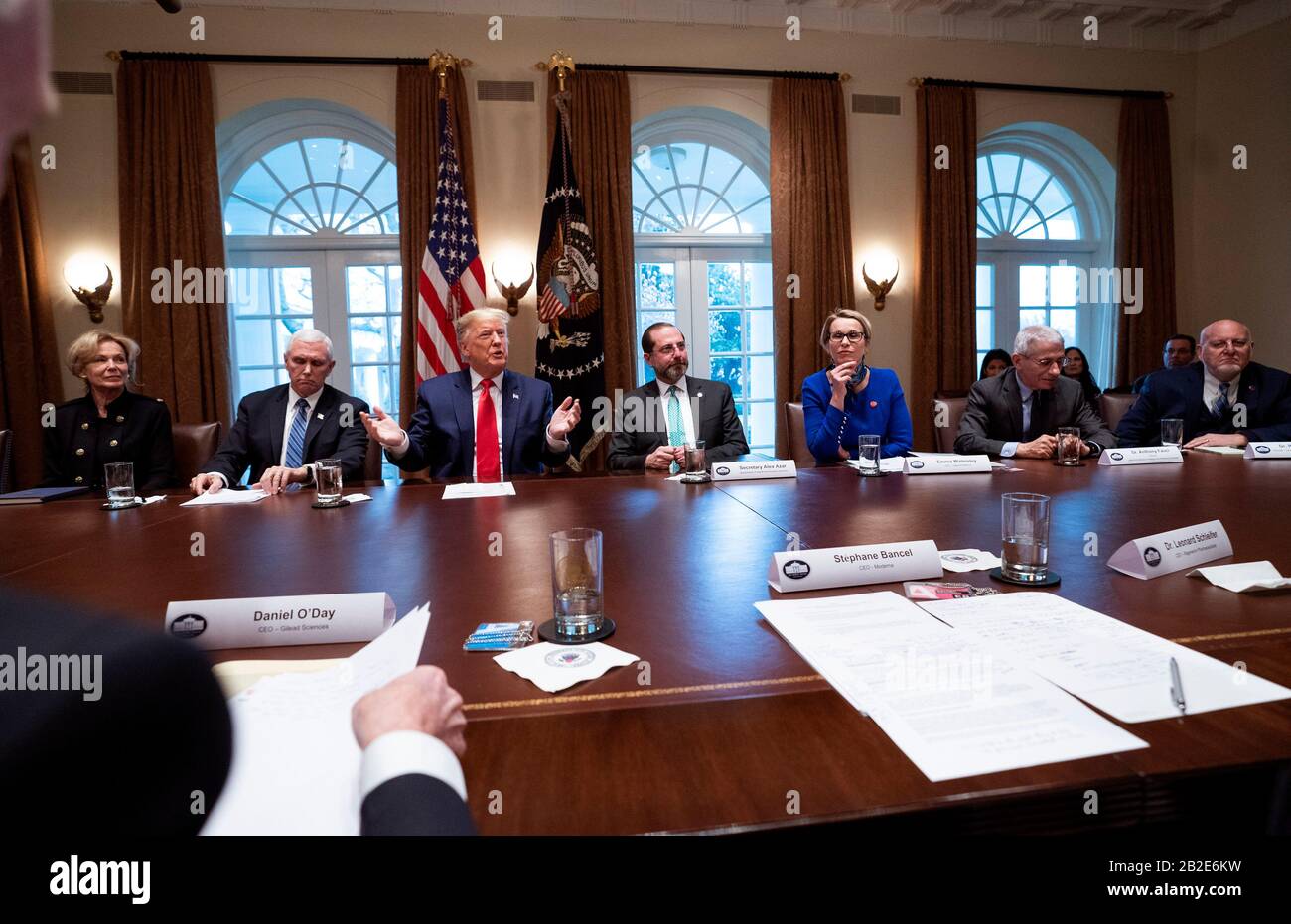 President Trump speaks as he meets with Vice President Mike Pence (2nd-L) Ambassador Debbie Birx (L), the White House Coronavirus Response Coordinator, HHS Secretary Alex Azar (4th-R), Emma Walmsley, CEO of GlaxoSmithKline (3rd-R), Dr. Anthony Fauci (2nd-R), Director fo the National Institute of Allergy and Infectious Diseases, and CDC Director Robert R. Redfield, as Trump meets with the Coronavirus Task Force and pharmaceutical executives, at the White House in Washington, DC on March 2, 2020. Credit: Kevin Dietsch/Pool via CNP | usage worldwide Stock Photo