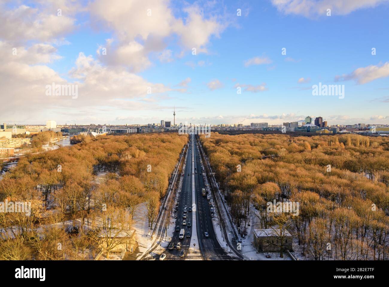 Aerial view, cityscape of Berlin skyline and scenery of trees without