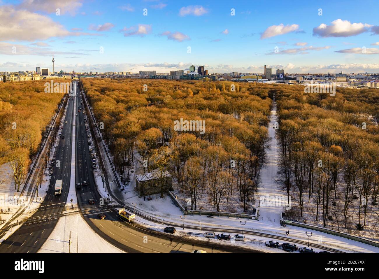 Aerial view, cityscape of Berlin skyline and scenery of trees without