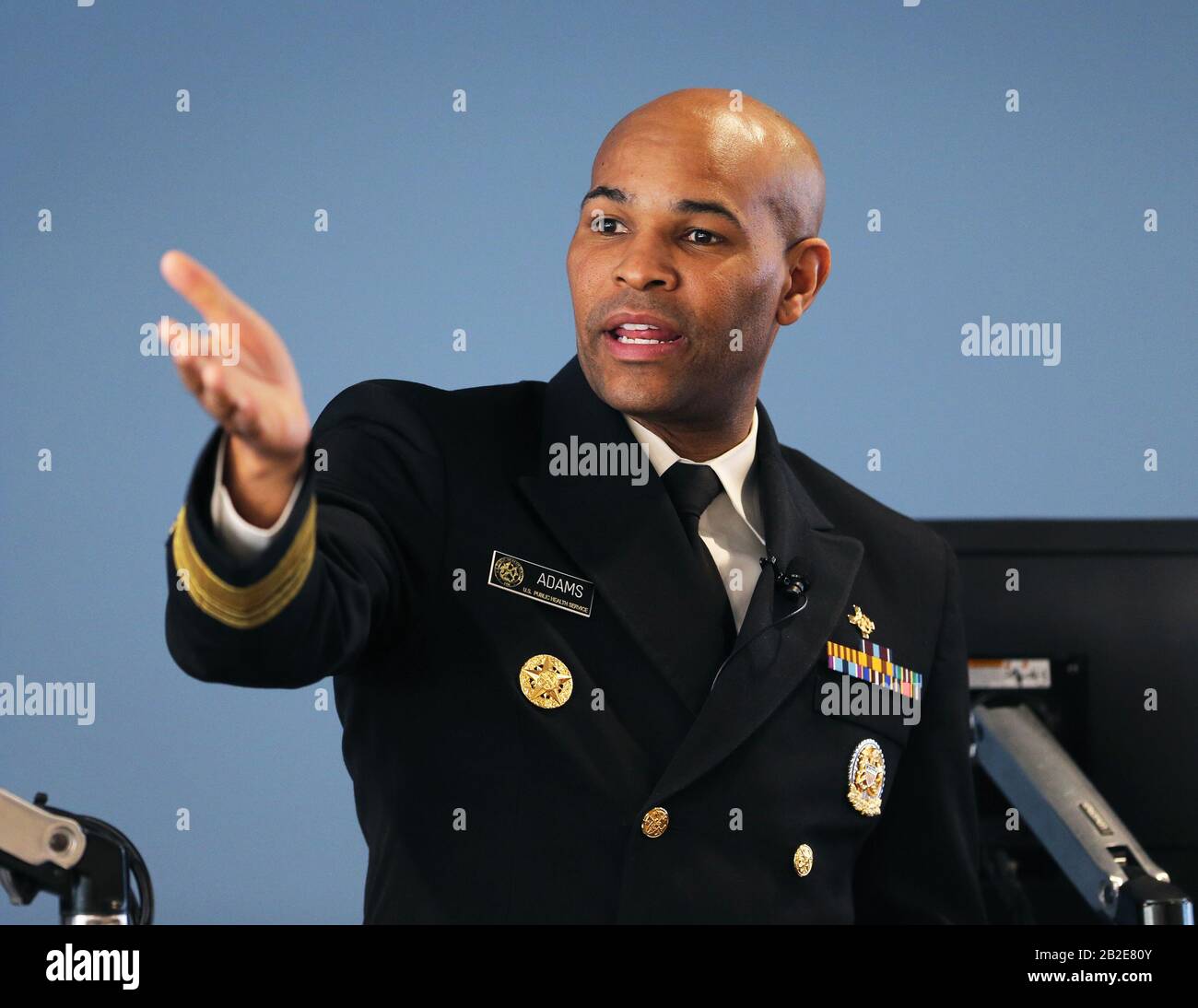 New Haven, CT, USA. 2nd Mar, 2020. New Haven, Connecticut - March 2, 2020: Surgeon General Vice-Admiral Jerome Adams visits the Yale School of Public Health, discussing his priorities as the Nation's Doctor, maternal health and the maternal mortality rate, as well as COVID-19 and the related precautions Americans can take. Credit: Stan Godlewski/ZUMA Wire/Alamy Live News Stock Photo