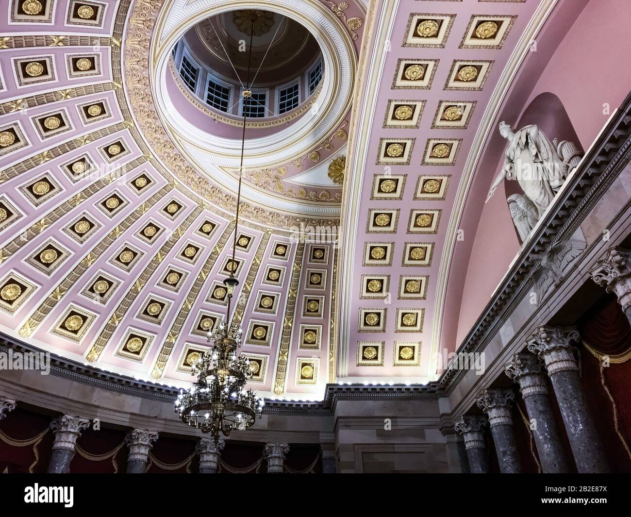Statuary Hall ceiling and chandelier at night, United States Capitol