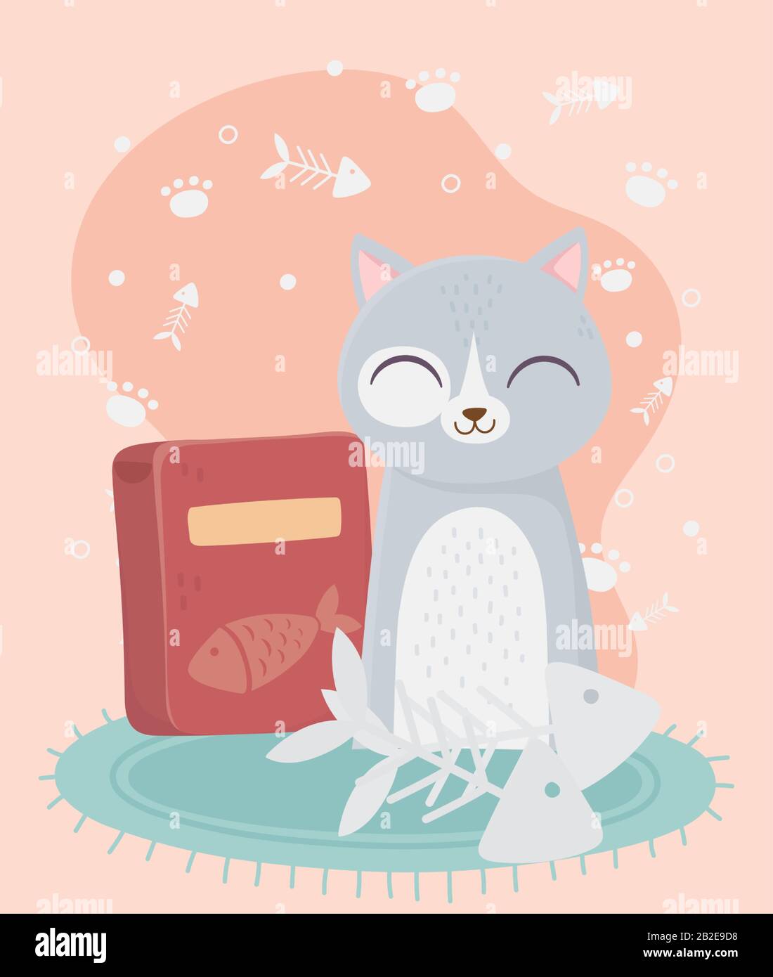 cats make me happy, cute cat with fishbones and food box cartoon vector illustration Stock Vector
