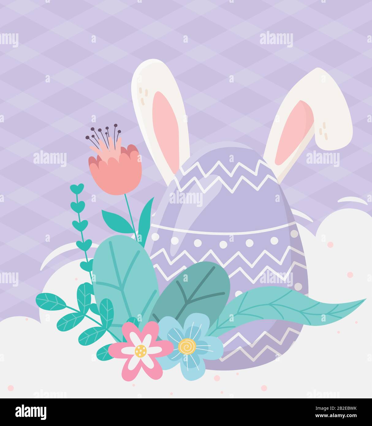 happy easter day, cute egg with ears flowers foliage decoration vector ...