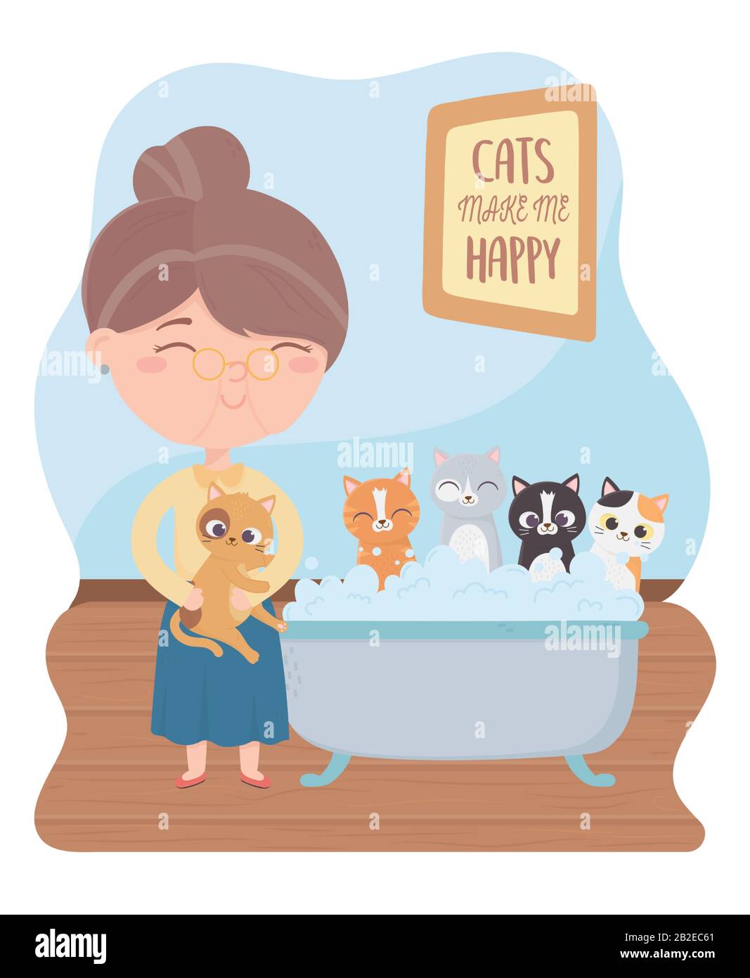 cats make me happy, old woman bathing cats in bathtub with bubbles soap