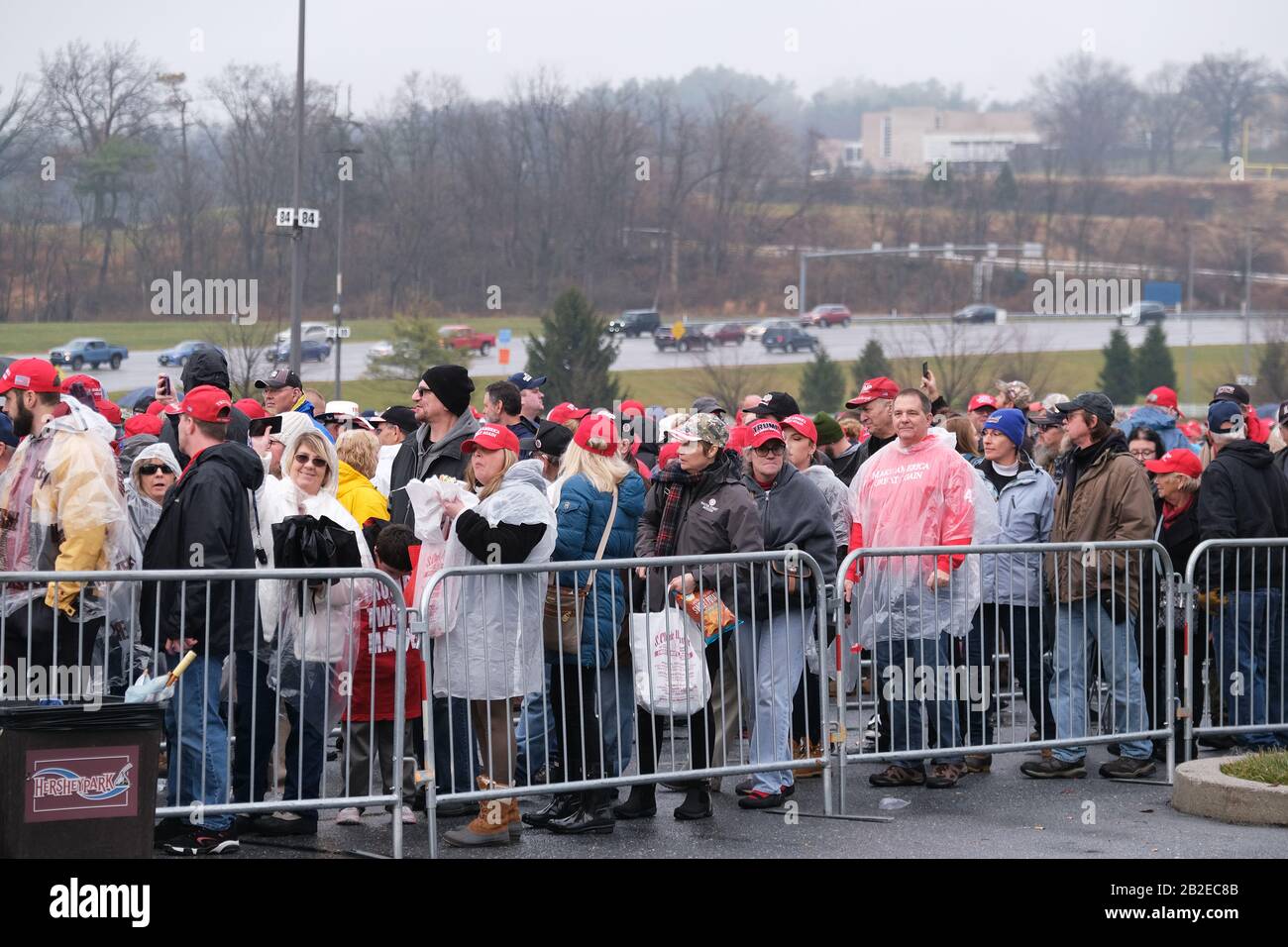 Supporters of President Donald Trump wait in line before a 2020 campaign rally Dec. 10, 2019, at Giant Center in Hershey, PA. Stock Photo