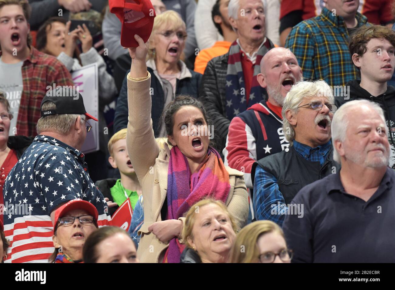 Supporters of President Donald Trump appear during a rally Dec. 10, 2019, at Giant Center in Hershey, PA. Stock Photo