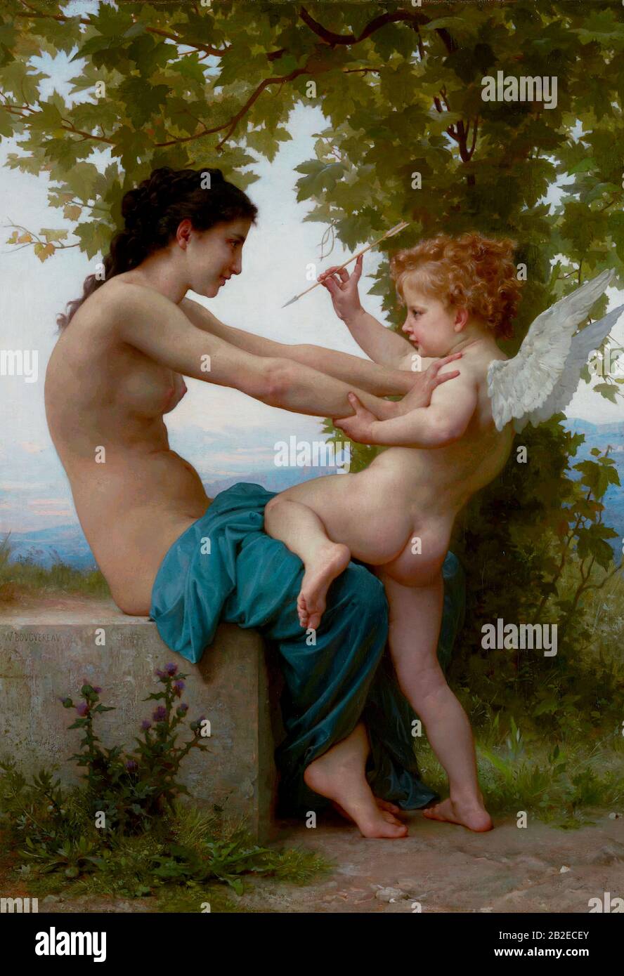 A Young Girl Defending Herself Against Eros (1880) French Academic painting by William-Adolphe Bouguereau - Very high resolution and quality image Stock Photo