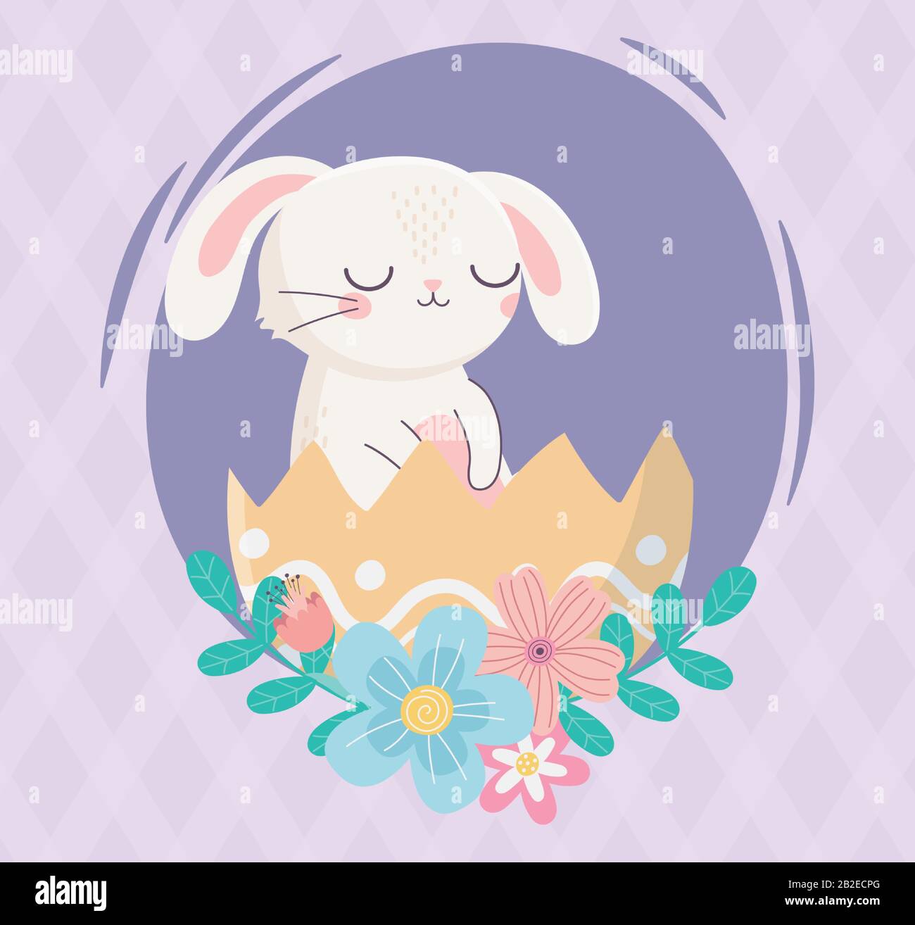 happy easter day, adorable rabbit in eggshell flowers foliage vector illustration Stock Vector