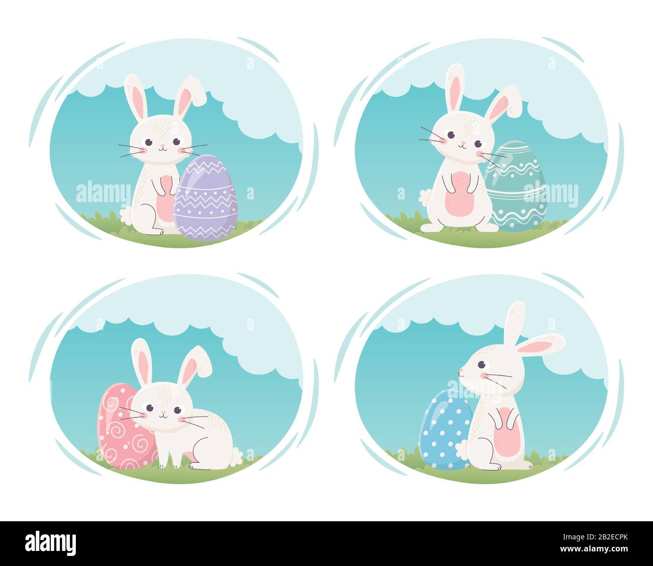happy easter day, cute rabbits with painted eggs in grass cartoon ...
