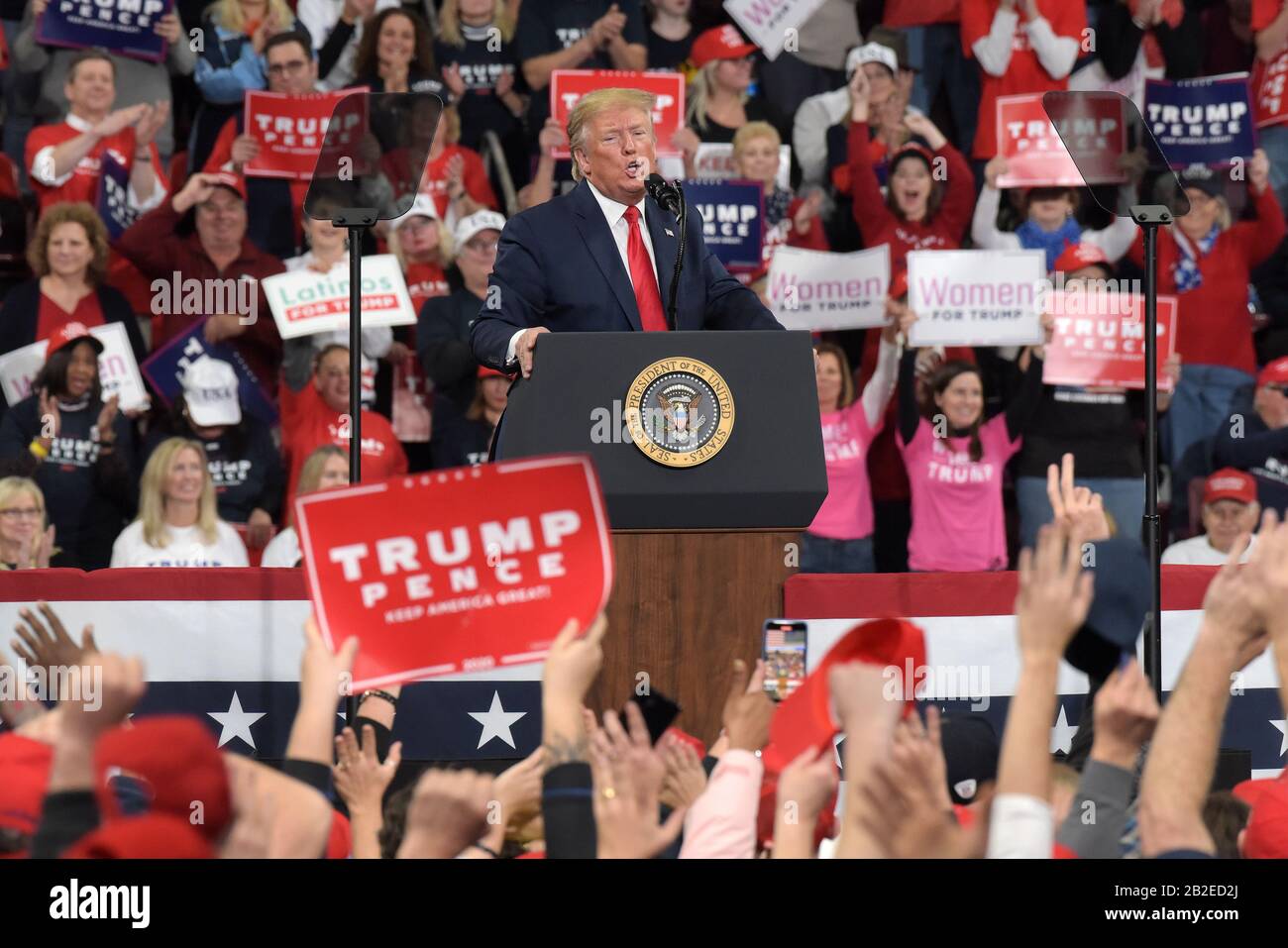 President Donald Trump appear during a rally Dec. 10, 2019, at Giant Center in Hershey, PA. Stock Photo