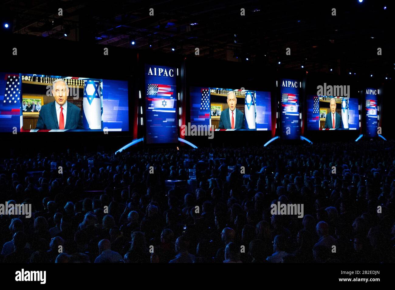 Washington, DC, USA. 1st Mar, 2020. March 1, 2020 - Washington, DC, United States: BENJAMIN NETANYAHU, Prime Minister of Israel, speaking live via video at the American Israel Public Affairs Committee Policy Conference. Credit: Michael Brochstein/ZUMA Wire/Alamy Live News Stock Photo