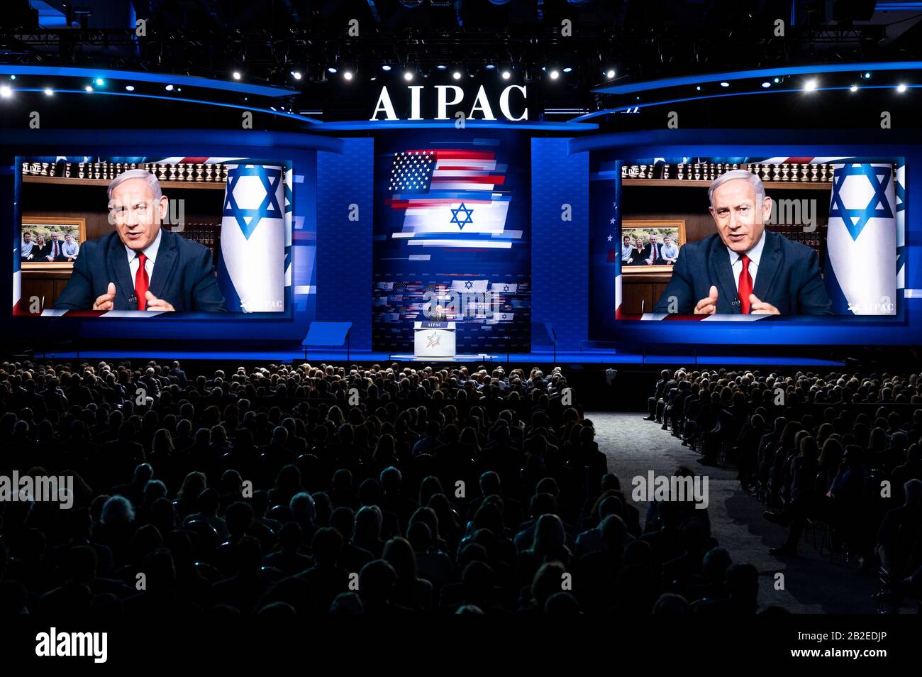 Washington, DC, USA. 1st Mar, 2020. March 1, 2020 - Washington, DC, United States: BENJAMIN NETANYAHU, Prime Minister of Israel, speaking live via video at the American Israel Public Affairs Committee Policy Conference. Credit: Michael Brochstein/ZUMA Wire/Alamy Live News Stock Photo