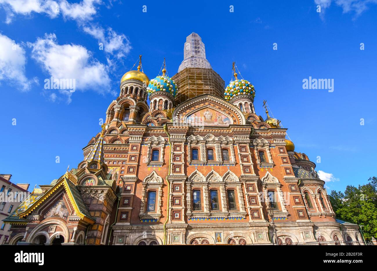 The ornate and colorful rear facade of the Church of our Savior on the Spilled Blood in Saint Petersburg, Russia. Stock Photo