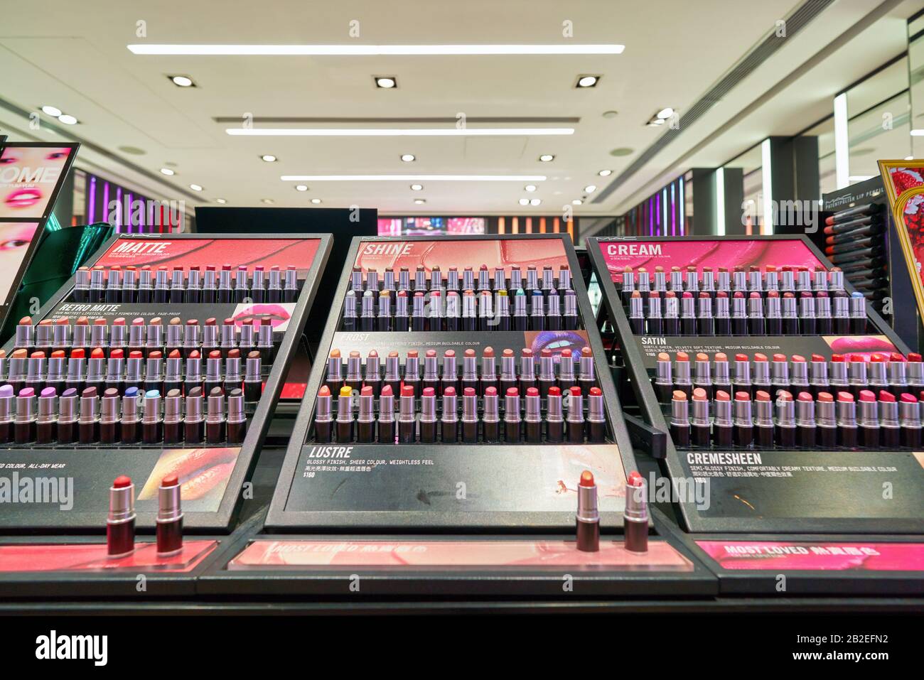HONG KONG, CHINA - CIRCA JANUARY, 2019: lipsticks on display at MAC Cosmetics store in Hong Kong. Stock Photo