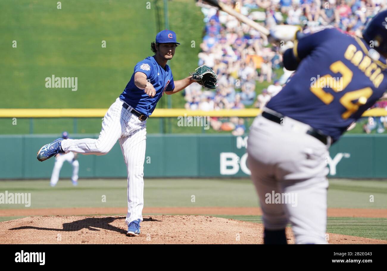 Yu Darvish of the Chicago Cubs pitches against the Milwaukee Brewers during  the Major League Baseball