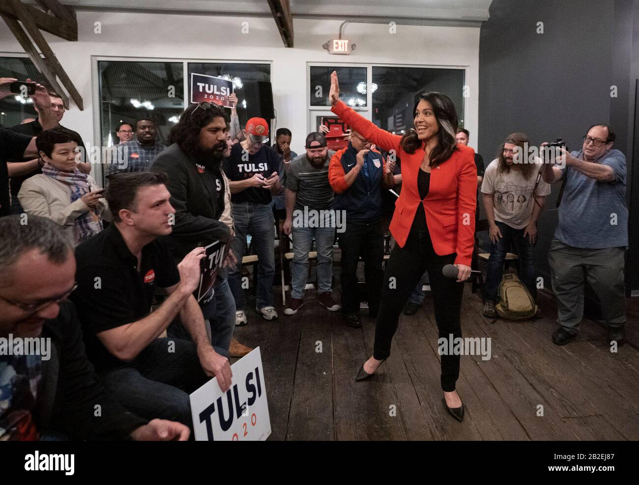 Democratic long shot presidential candidate Tulsi Gabbard campaigns on the eve of Super Tuesday with a speech in Austin to 250 supporters. Stock Photo