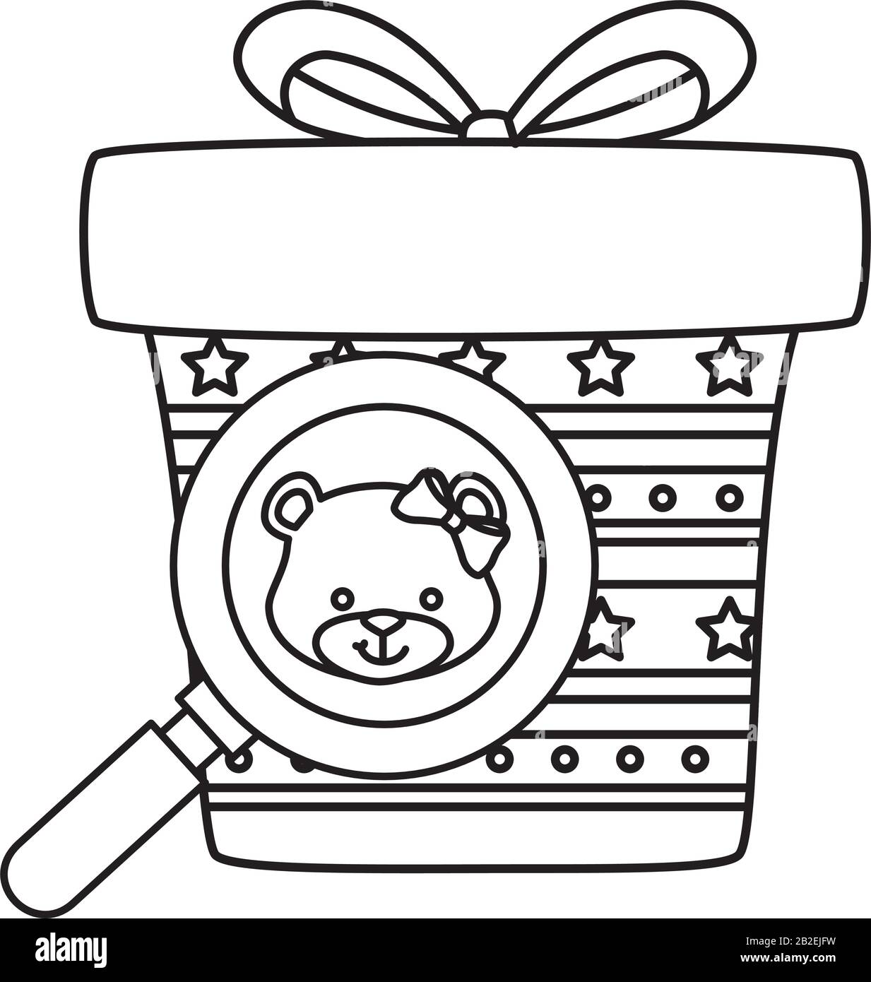 face of cute bear female in magnifying glass with gift box Stock Vector