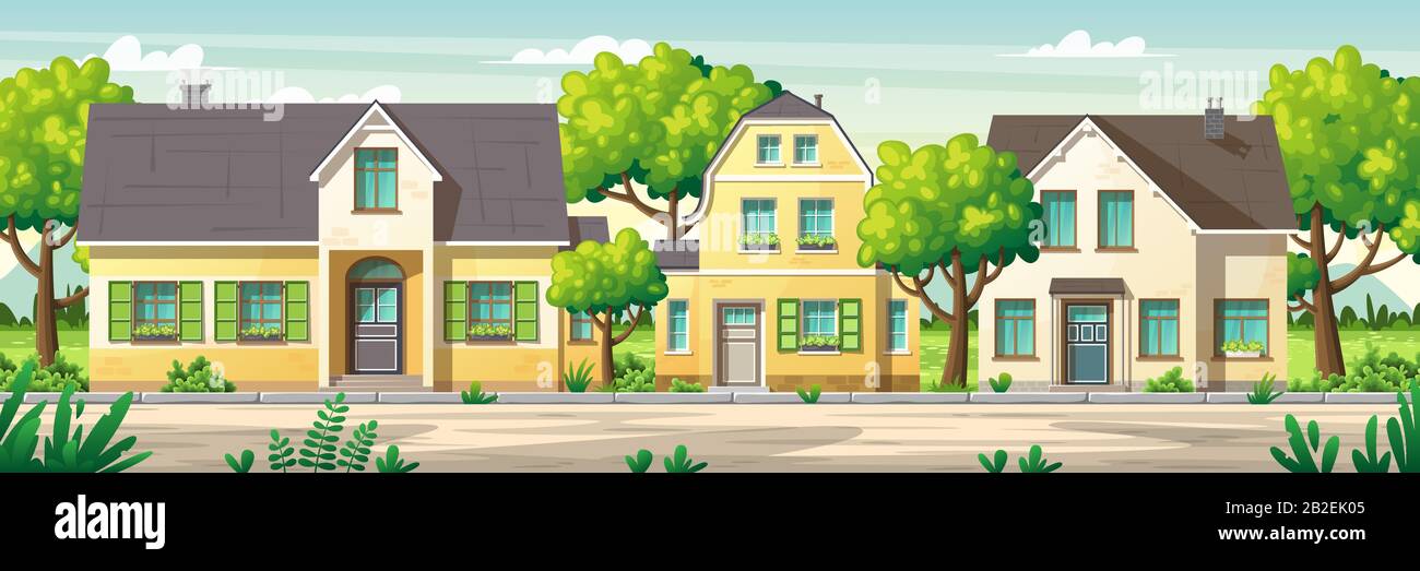 Modern houses with garden on a street in summer. Vector Illustrations with separate layers. Concept for banner, web background and templates. Stock Vector