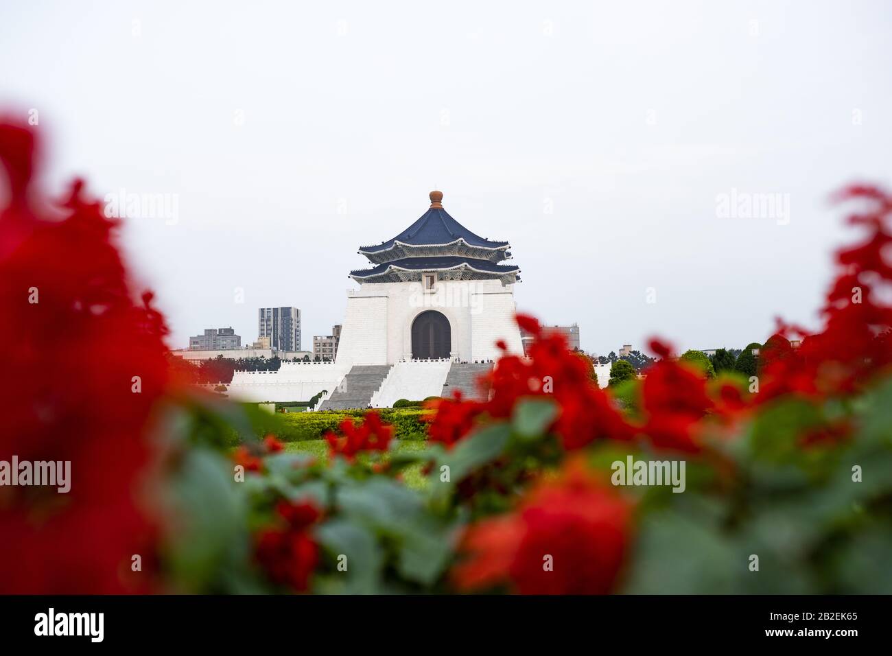(Selective focus) Stunning view of the National Chiang Kai-shek Memorial Hall in the background and blurred red flowers in the foreground. Stock Photo