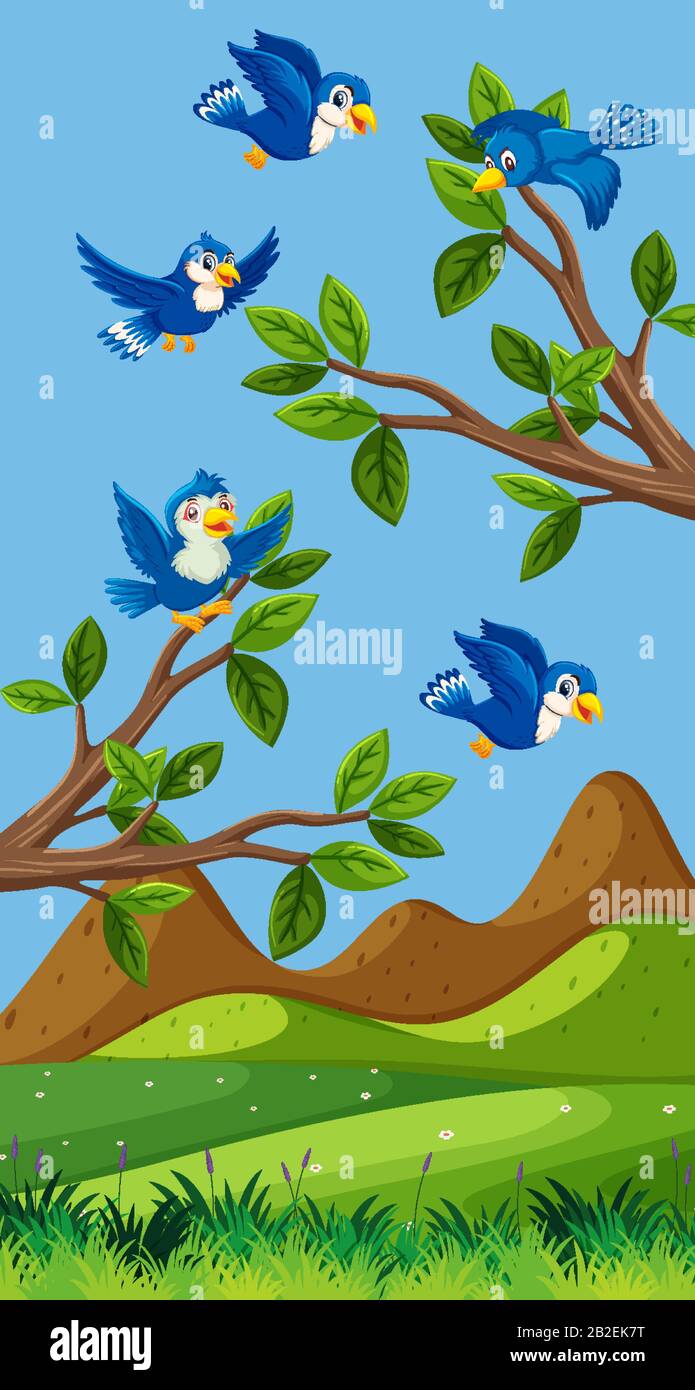 Scene with blue birds flying over the field illustration Stock Vector ...