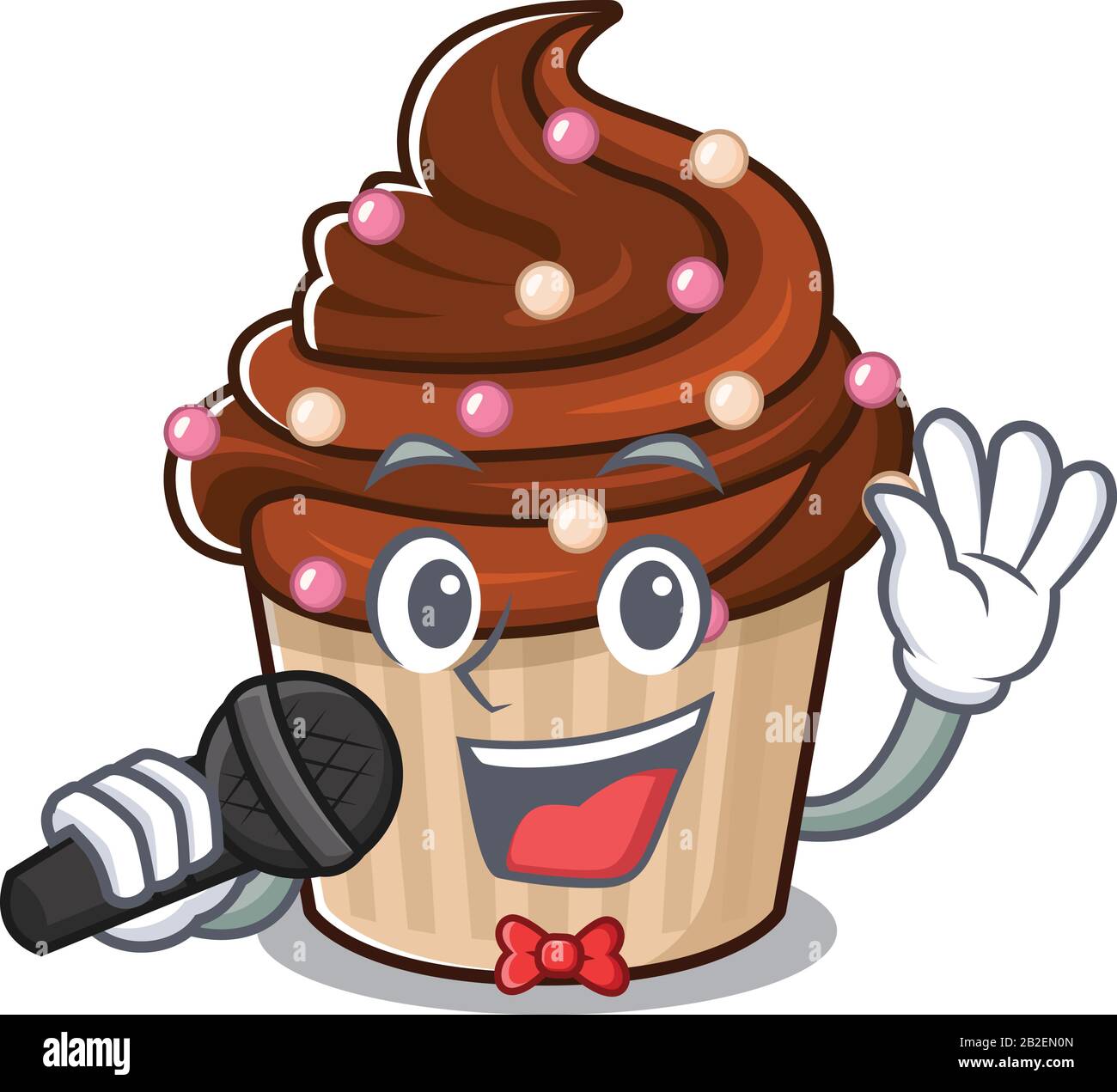 Happy chocolate cupcake singing on a microphone Stock Vector Image