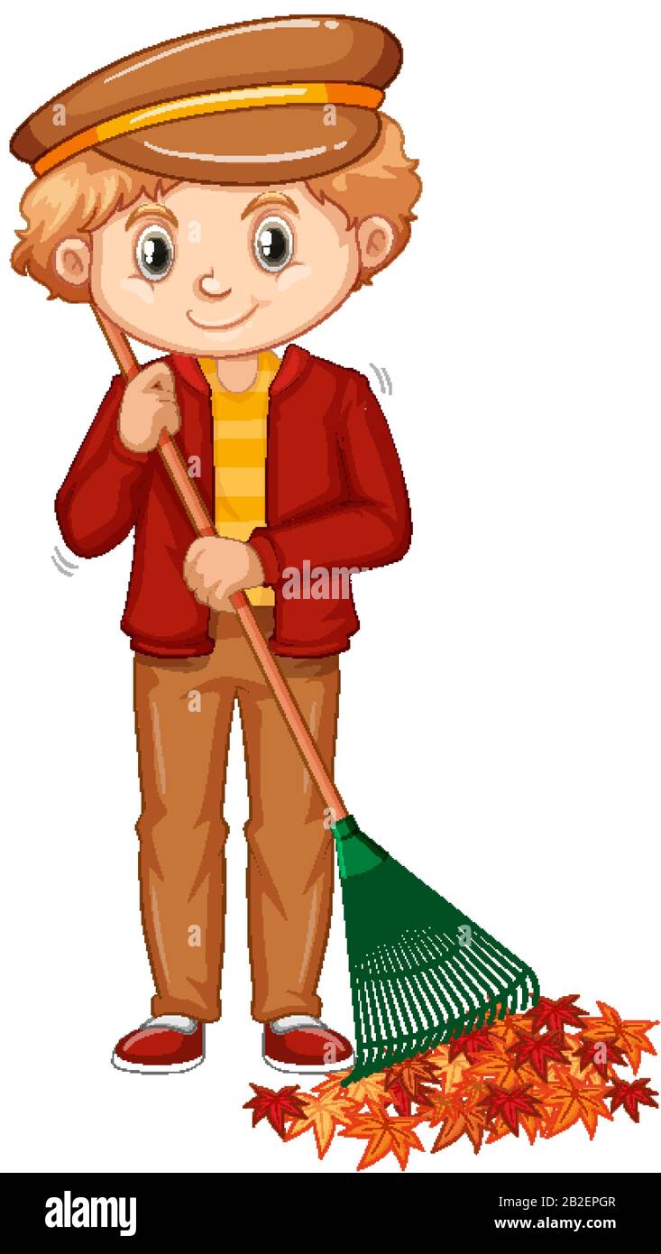 Boy raking leaves on white background illustration Stock Vector Image ...